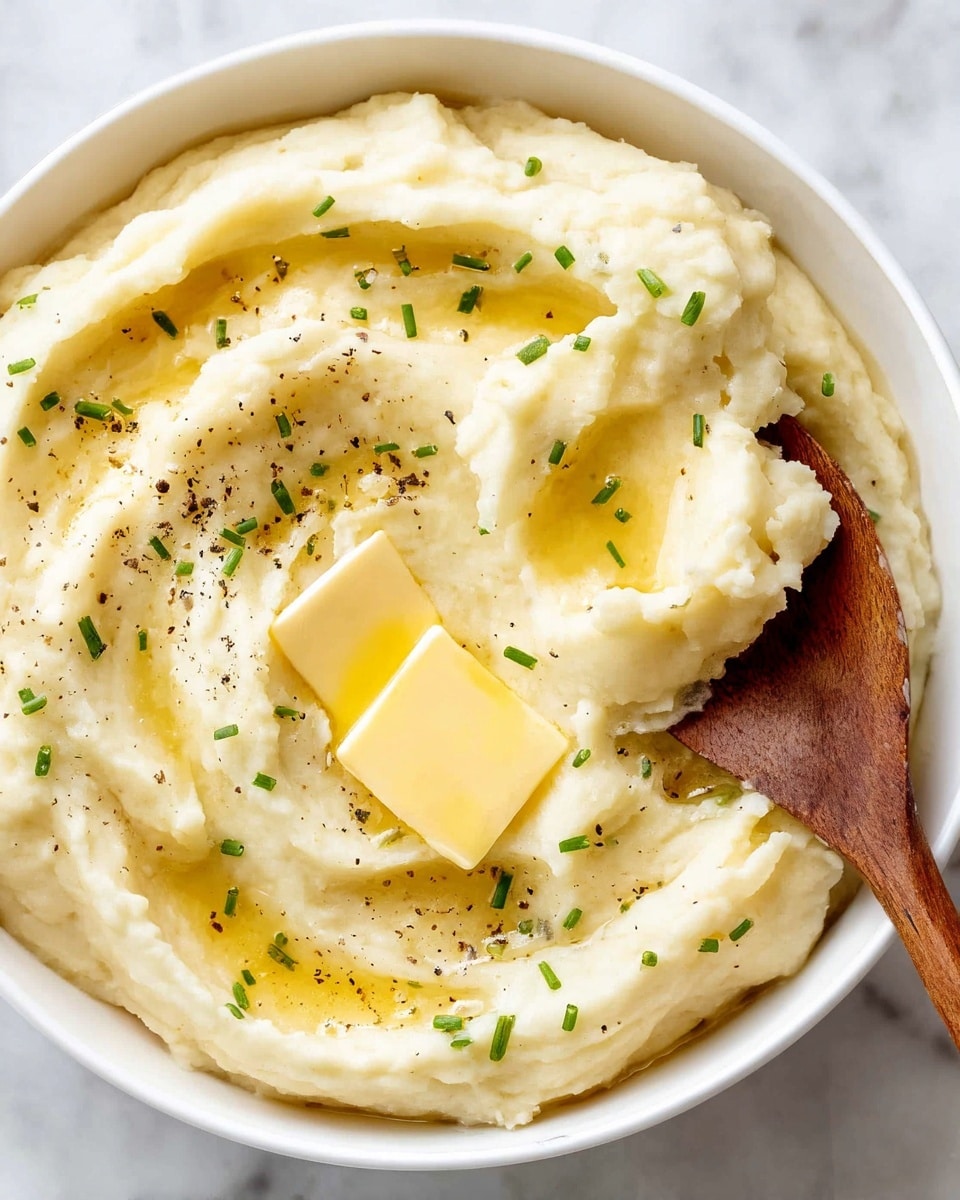 A white bowl filled with creamy, pale yellow mashed potatoes, swirled smoothly in three thick layers. On the top center, there is a melting square of bright yellow butter resting in a small pool of melted butter, giving the surface a shiny look. Small chopped green chives are sprinkled evenly over the mashed potatoes along with a few scattered cracks of black pepper, adding contrast to the soft texture. The bowl sits on a white marbled surface with a green-striped cloth and a wooden spoon placed above it. Photo taken with an iphone --ar 4:5 --v 7