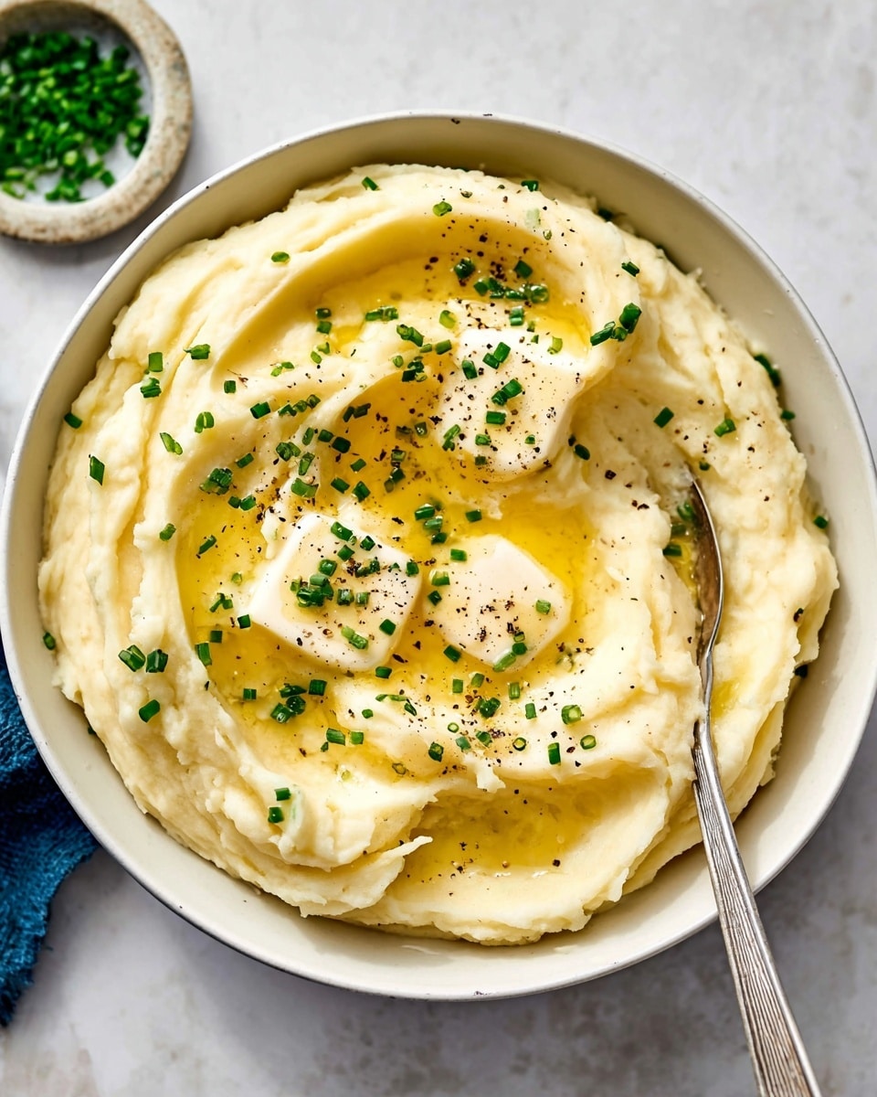 A white bowl filled with creamy mashed potatoes forming a smooth, fluffy layer with soft swirls on top. In the center, two small squares of butter are melting, creating a glossy yellow pool with small pieces of green chives sprinkled over. Ground black pepper dots the surface, adding tiny dark specks. A wooden spoon rests dipping slightly into the mashed potatoes at the right side. The bowl sits on a white marbled surface. photo taken with an iphone --ar 4:5 --v 7