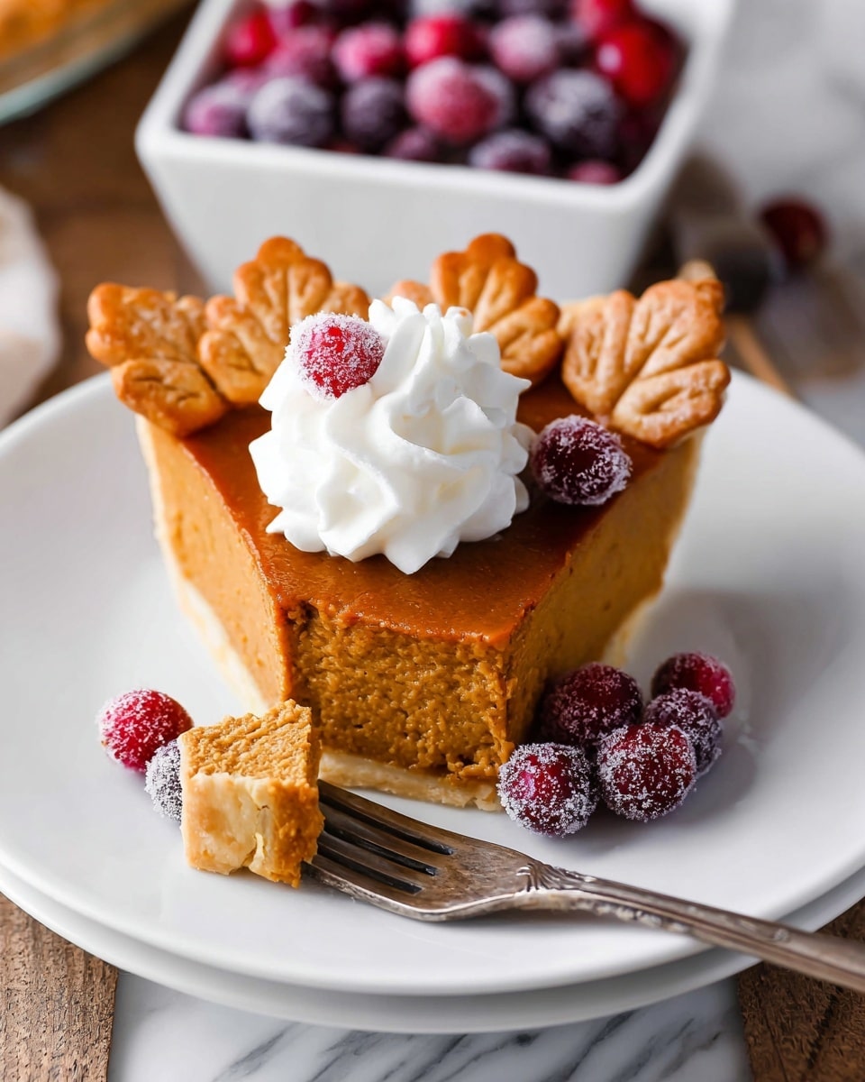 A pumpkin pie sits in a white pie dish, the pie has a golden-brown crust with a wavy edge. The pumpkin filling is smooth and deep orange-brown in color. On the top are several small, leaf-shaped pastries in a golden brown color, placed mainly in the center. Bright red cranberries are scattered around the leaves, some dusted lightly with white powder that looks like sugar. The pie dish is on a wooden surface with a silver knife nearby. photo taken with an iphone --ar 4:5 --v 7
