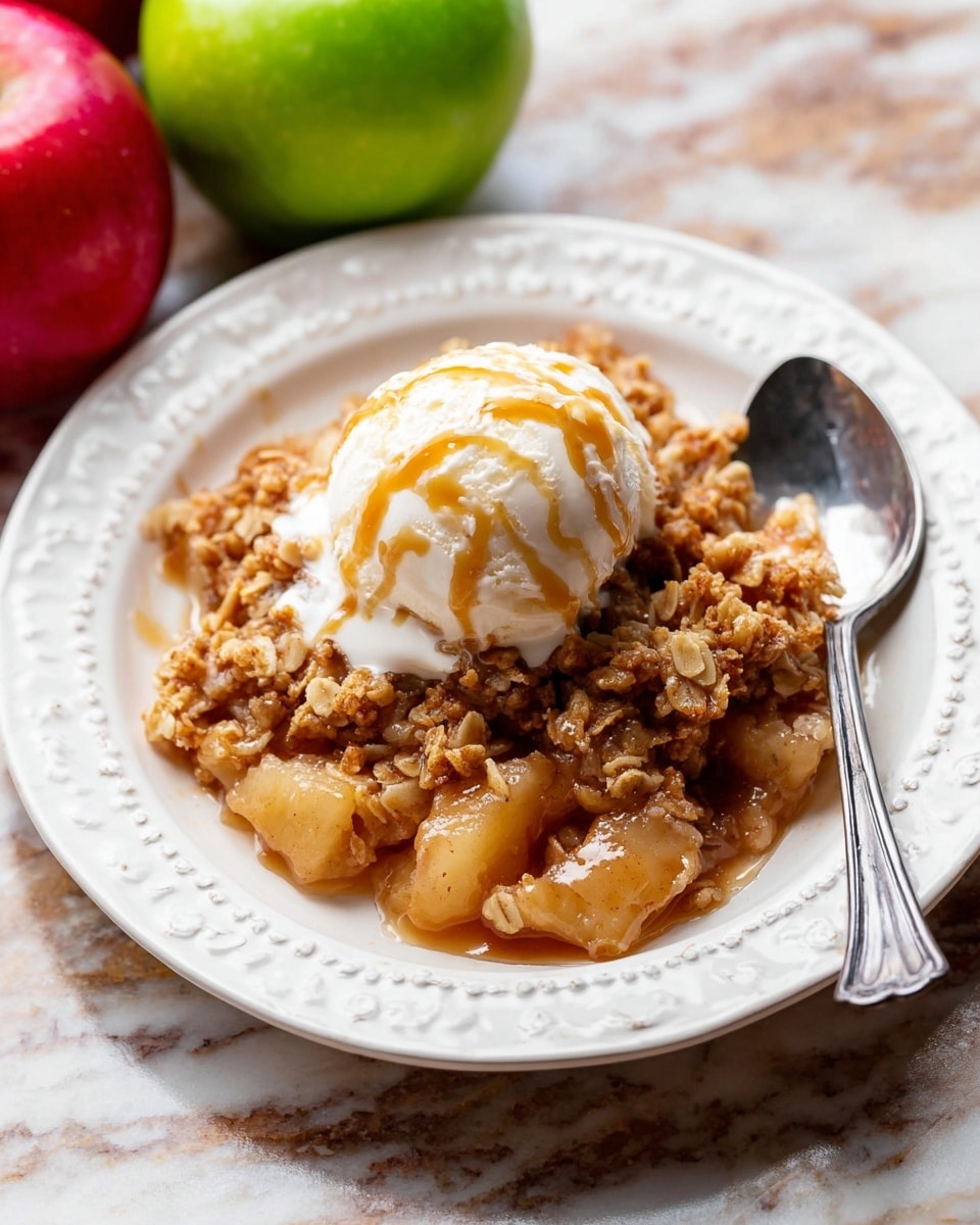 A white plate with a detailed raised pattern holds a serving of apple crisp. The bottom layer is a chunky, soft apple filling with light brown and golden yellow colors mixed with syrup and spices. On top of this is a thick, crumbly oat and nut topping in a golden brown color. Above the crisp sits a large scoop of creamy white vanilla ice cream, drizzled with smooth caramel sauce in thin ribbons. A silver spoon rests on the plate's edge, tapping into the apple crisp. The scene is set on a white marbled surface with a green apple on the left and a red apple on the right, both slightly out of focus. photo taken with an iphone --ar 4:5 --v 7