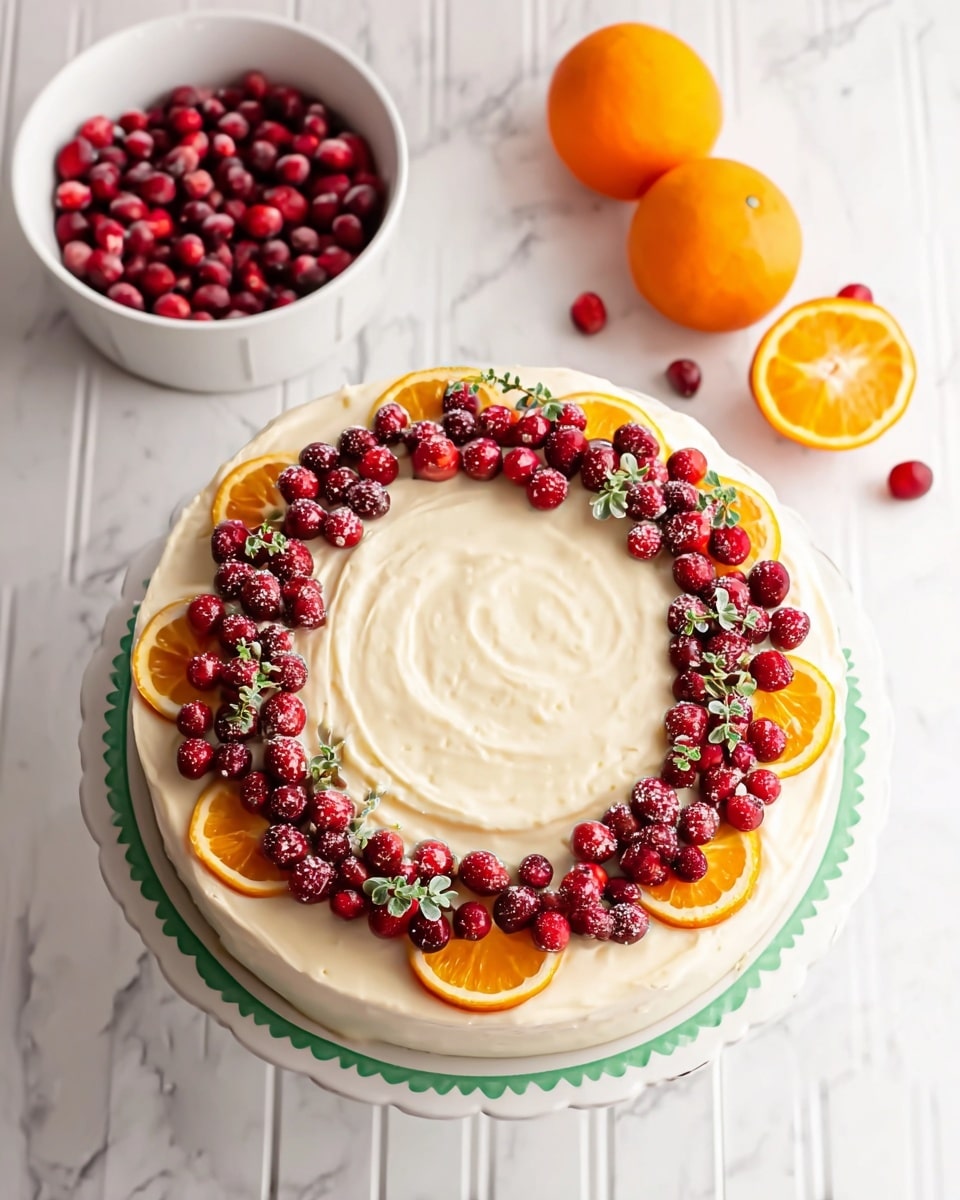 The image shows a two-layer round cake on a white plate with a green scalloped edge, placed on a white marbled surface. The cake has a smooth, creamy off-white frosting with a swirl pattern on the top layer. Around the edge of the cake is a ring of bright red fresh cranberries, small green sprigs of herbs, and a few small orange slices. Nearby, there is a white bowl full of cranberries, a whole orange, and a halved orange, all on the white marbled surface. Photo taken with an iphone --ar 4:5 --v 7