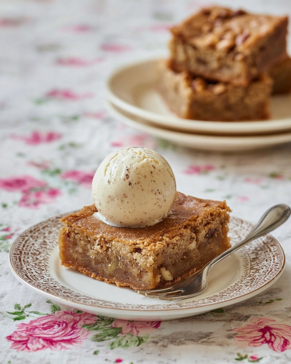 A square piece of brown nutty cake with visible nuts inside is placed on a white plate with fine brown decorative patterns along the edge. On top of the cake is a single scoop of creamy off-white ice cream with a smooth, slightly textured surface. A silver fork rests beside the cake on the plate. In the background, blurred on a large white plate, there are more pieces of the same cake stacked. The setting is on a white marbled surface with a lace doily and soft floral cloth underneath. photo taken with an iphone --ar 4:5 --v 7