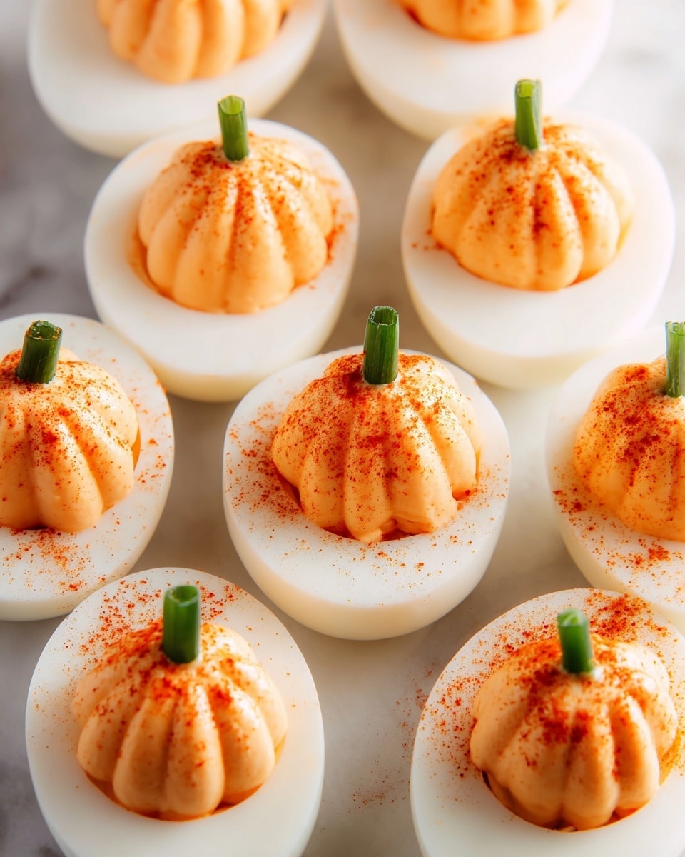 The image shows several deviled eggs arranged closely together on a white marbled surface. Each egg is halved, with a smooth white egg white base and creamy orange yolk filling shaped like a small pumpkin with distinct vertical ridges. The tops have a sprinkling of red paprika for color and a small green chive piece placed vertically on each egg to mimic a pumpkin stem. The overall look is neat and festive, with the eggs evenly spaced and the colors bright against the clean background. photo taken with an iphone --ar 4:5 --v 7
