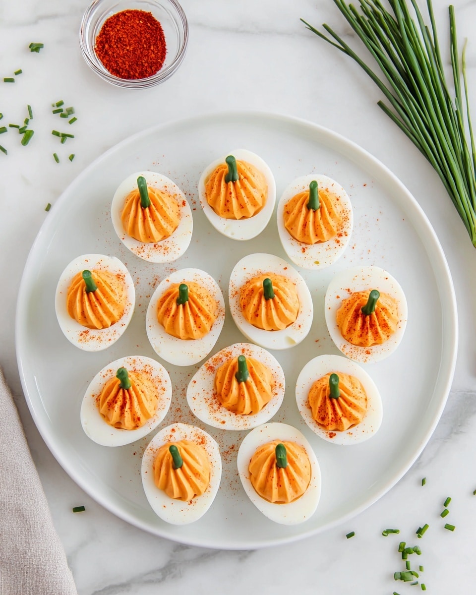 A white plate holds twelve halved boiled eggs arranged in a circle, each with three piped orange filling lines shaped like a small pumpkin placed in the egg white. Each filling is topped with a small green chive piece as the pumpkin stem and sprinkled lightly with red spice for texture. The plate sits on a white marbled surface with a small round glass bowl of red spice and a tied bunch of fresh green chives nearby. Some chive pieces are scattered around on the surface. Photo taken with an iphone --ar 4:5 --v 7