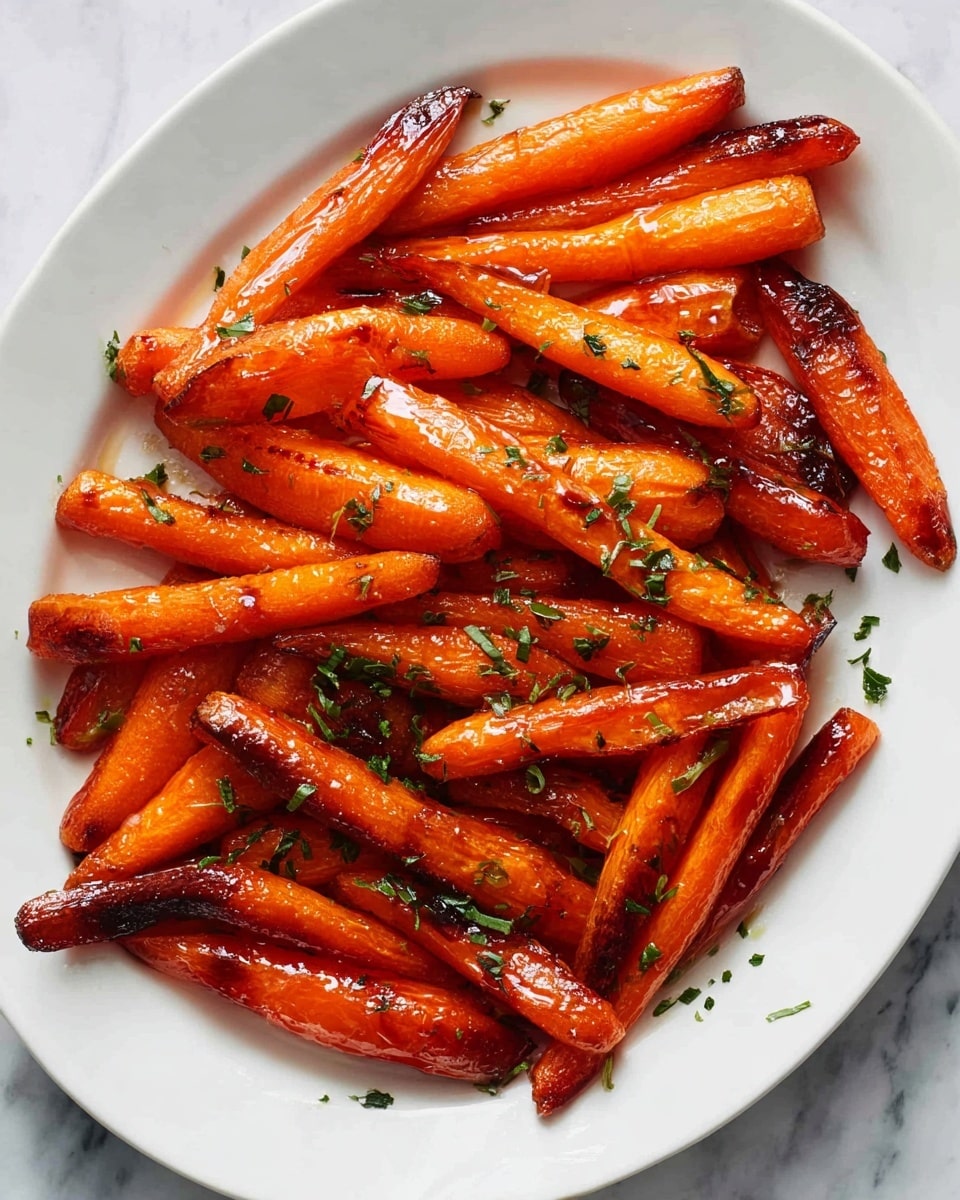 A white plate filled with thick, bright orange roasted carrot pieces, each with a shiny caramelized surface. The carrots are cut into chunky sticks and scattered evenly across the plate, with some edges slightly browned from roasting. Small bits of chopped green herbs are sprinkled on top for a fresh look. The background is a white marbled texture. Photo taken with an iphone --ar 4:5 --v 7
