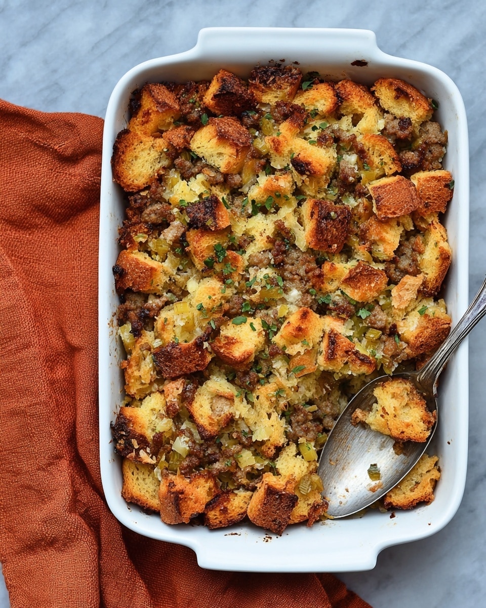 A white baking dish filled with a single layer of golden-brown toasted bread pieces mixed with browned sausage bits and small green herb flakes scattered throughout. The bread chunks have a crispy texture with some darker, toasted edges. A vintage silver spoon rests inside the dish, partially under the stuffing where a small scoop has been taken out. The dish is placed on a white marbled surface next to a folded burnt orange cloth. Photo taken with an iphone --ar 4:5 --v 7
