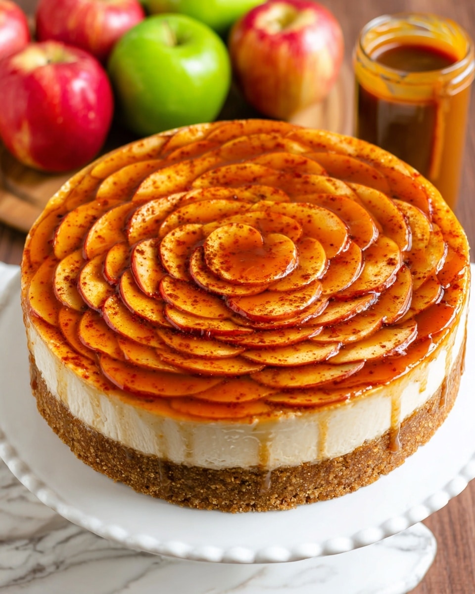 The image shows a round, thick cake with three visible layers on a white scalloped plate. The bottom layer is a brown crumbly crust, the middle layer is a smooth light cream color, and the top layer consists of thin apple slices arranged in a spiral pattern, glazed with a shiny caramel sauce giving a rich amber color with cinnamon specks. The cake is placed on a wooden surface with a white marbled texture visible in the background. Near the cake, there is a glass jar with caramel sauce and fresh red and green apples nearby. Photo taken with an iphone --ar 4:5 --v 7