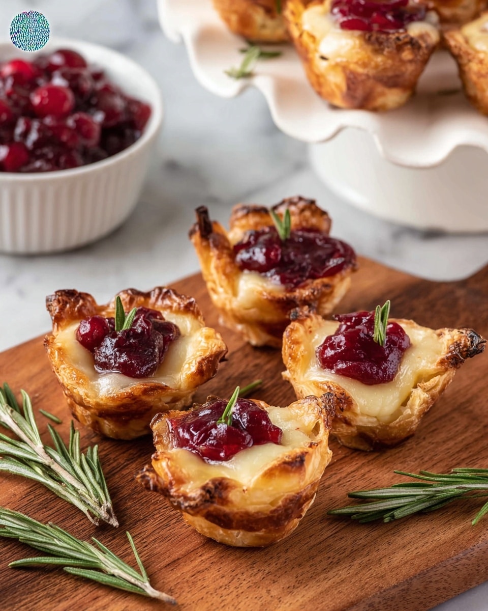 The image shows a metal muffin tray filled with small round bites, each with three layers: the base is a golden brown, flaky pastry shell with slightly crispy edges, topped with a creamy, melted white cheese layer that oozes slightly, and finished with a deep red cranberry sauce dolloped on top. Some bites have small sprigs of fresh rosemary placed between layers, adding a touch of green. The muffin tray sits on a white marbled surface, and the lighting highlights the glossy texture of the cranberry topping and the soft, melted cheese beneath it. photo taken with an iphone --ar 4:5 --v 7