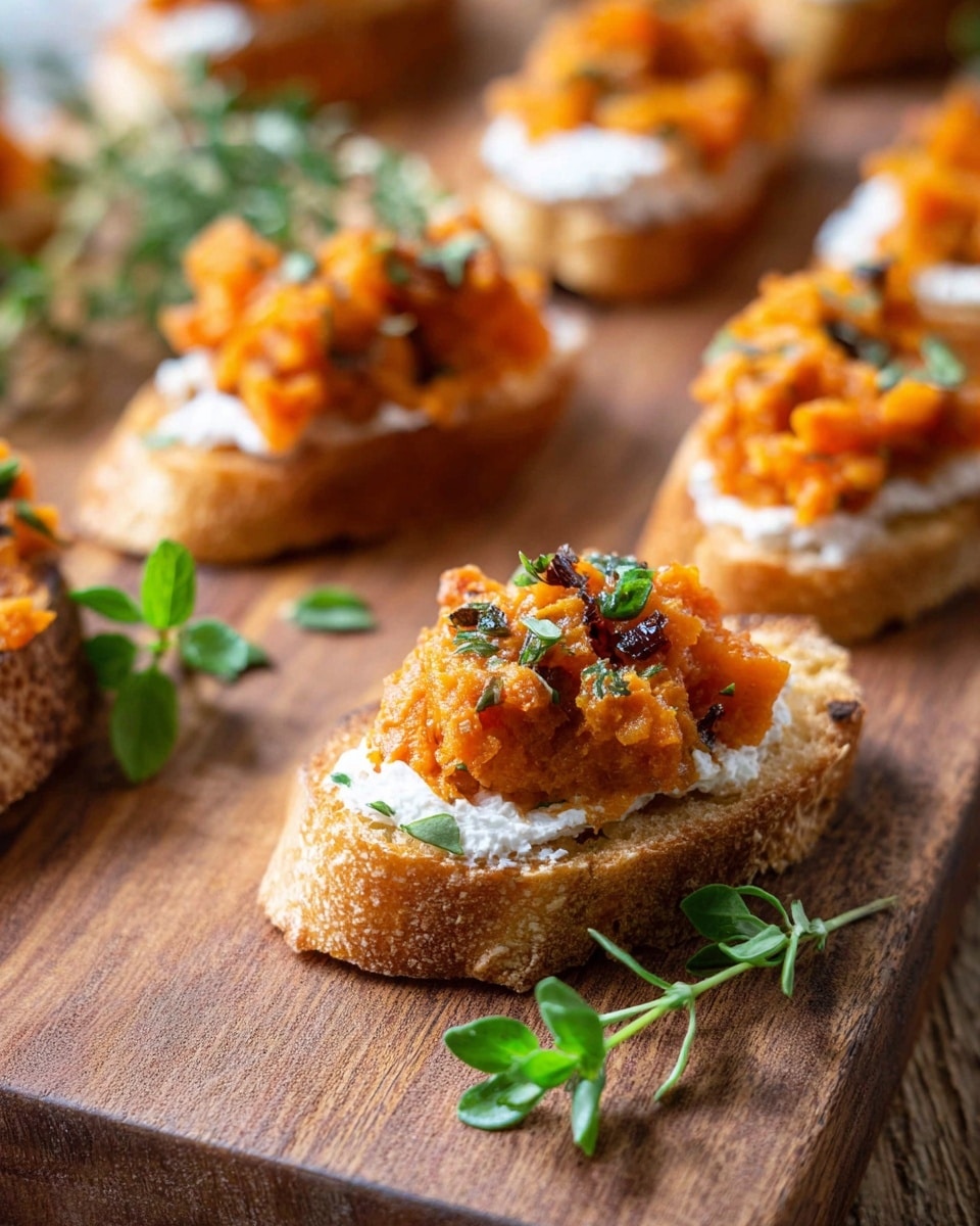 The image shows small toasted bread slices on a wooden board, each piece topped with a layer of white creamy spread, followed by a chunky orange-colored mixture with slight browning, likely roasted vegetables or squash. The orange topping has a rough texture with small bits visible. Fresh chopped green herbs are sprinkled on top of each slice, with some larger green leaves garnishing the front piece. The background is softly blurred, focusing attention on the front slice and a few other pieces arranged behind it on the wooden board. A sprig of green fresh herbs lies on the board near the front slice. photo taken with an iphone --ar 4:5 --v 7