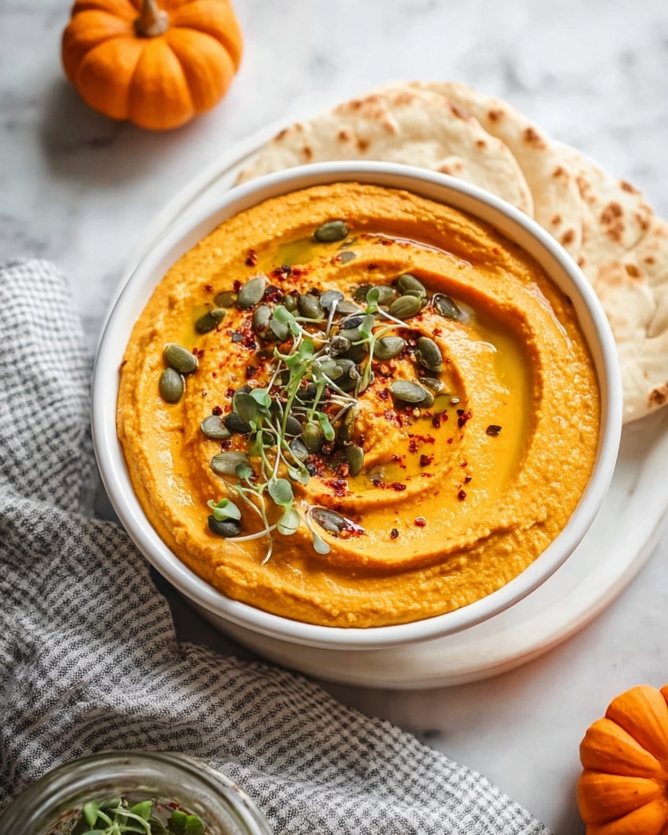 A bowl of thick pumpkin hummus with a smooth, creamy orange surface, swirled in the middle to create a slight well filled with olive oil. On top, there are green pumpkin seeds, small green microgreens, and a sprinkle of crushed red and black spices, adding texture and color contrast to the orange hummus. The bowl is white and sits on a white marbled surface with two small flatbreads that have light brown spots leaning next to it. Nearby, there is a gray and white striped cloth and a partially visible glass jar with pumpkin seeds. Two small orange pumpkins are in the bottom corner. Photo taken with an iphone --ar 4:5 --v 7