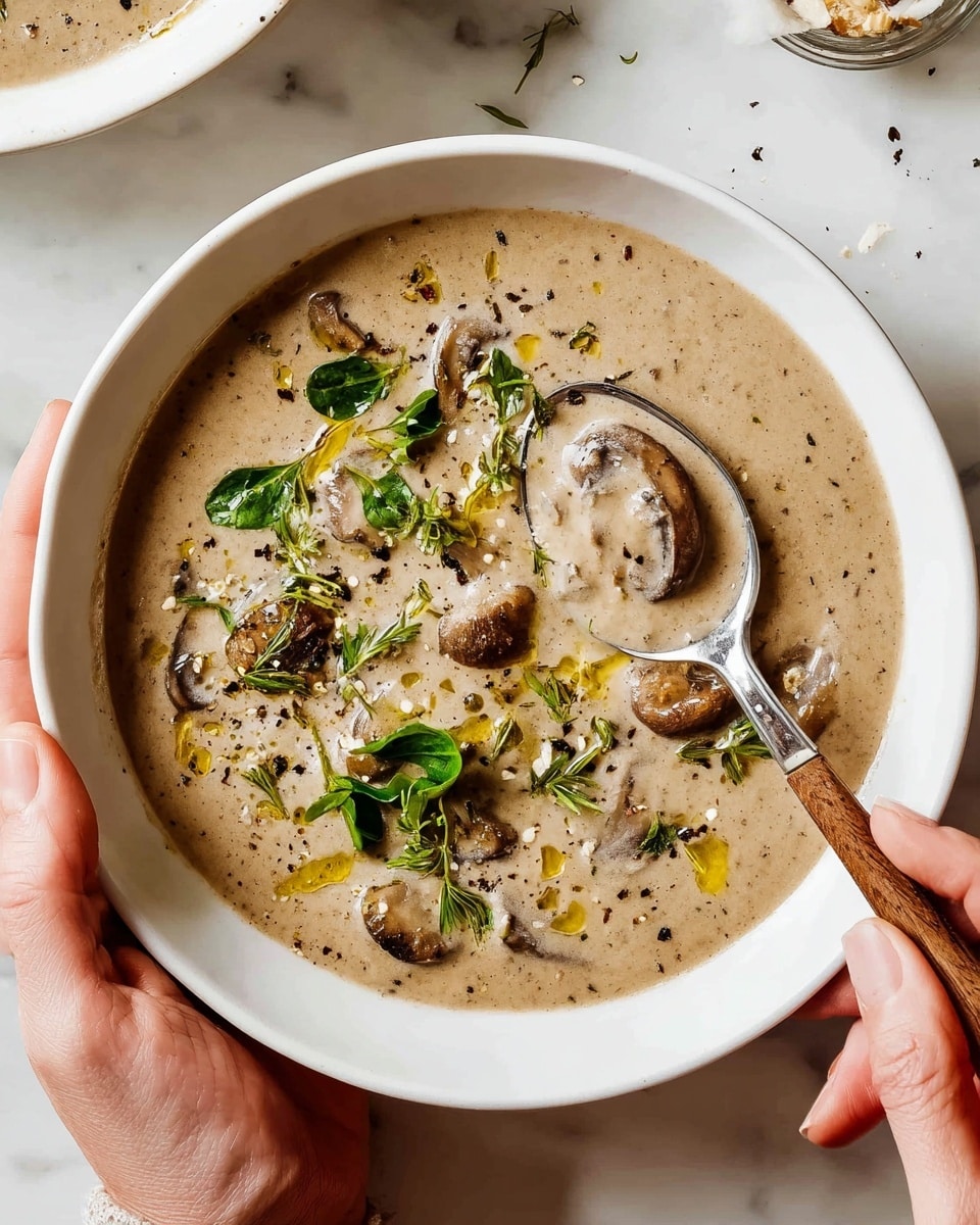 Two white bowls filled with creamy tan soup containing visible slices of mushrooms and small pieces of chicken. The soup surface is topped with a drizzle of yellow olive oil, chopped green herbs, and a sprinkle of black pepper. The bowl in the foreground is held by a woman's hand on the side, while another woman's hand holds a spoon with a light wooden handle dipping into the soup. The bowls are placed on a white marbled surface with a striped cloth in shades of burnt orange, cream, and navy blue on the upper left side. A small glass bottle with golden liquid and some fresh thyme sprigs sit near the bowls. Photo taken with an iphone --ar 4:5 --v 7