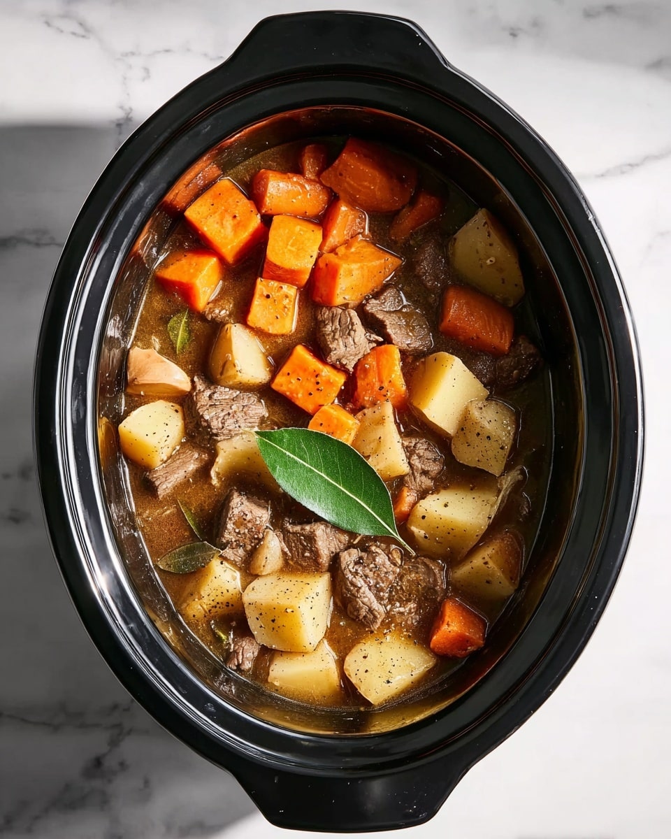 The image shows a black slow cooker filled with a stew containing chunks of brown beef, orange carrot pieces, and light yellow potato pieces all mixed in a light brown broth. A single green bay leaf floats on top near the center. The slow cooker is placed on a white marbled surface. photo taken with an iphone --ar 4:5 --v 7