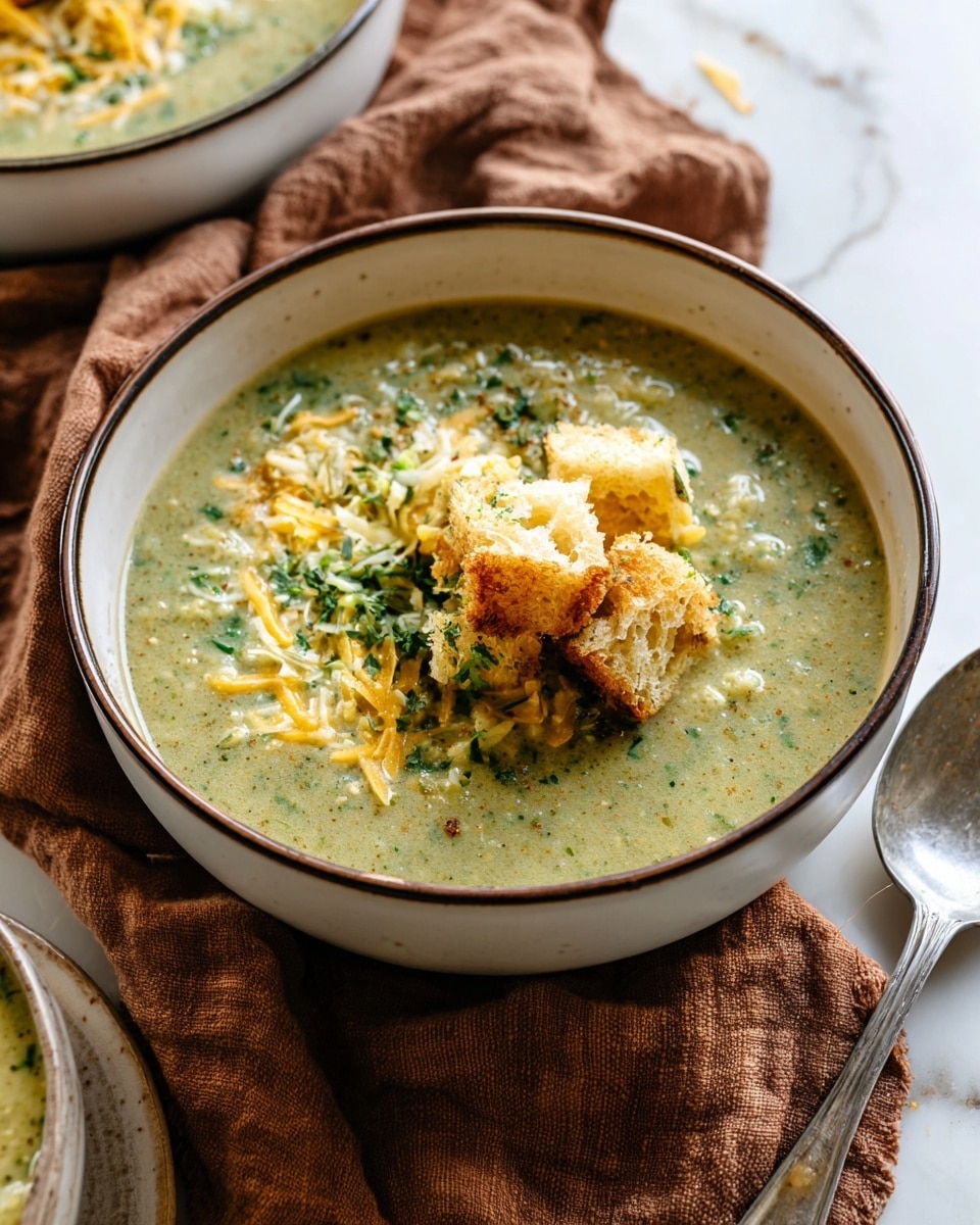 A white bowl filled with creamy green soup that has a slightly thick texture, topped with small bits of shredded yellow cheese and chopped green herbs. In the center, there are a few pieces of torn light brown bread placed on top, adding a rough, chunky texture. The bowl sits on a folded beige cloth on a white marbled surface. In the background, there is part of another bowl of soup visible and some blurred light brown bread. Photo taken with an iphone --ar 4:5 --v 7