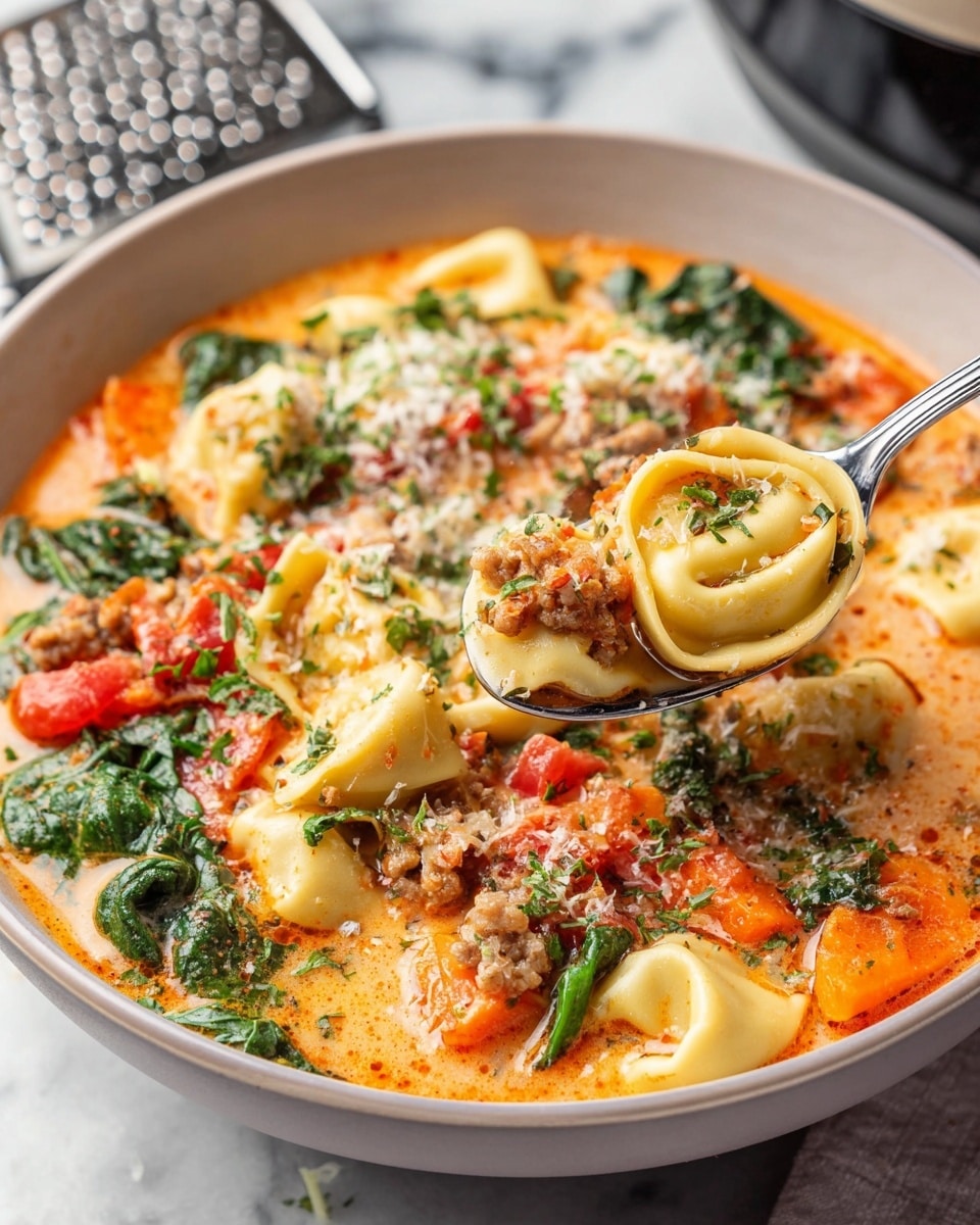 The image shows two white bowls filled with a creamy soup with three main visible layers. The top layer has chopped green spinach leaves and sprinkled grated cheese with a powdery texture. Below that, there are round orange carrot slices and red tomato chunks, scattered around and soft in texture. The bottom layer consists of tender, folded tortellini pasta pieces in a light beige color, floating in a creamy, orange-tinted broth. Each bowl has a metal spoon resting inside it. The bowls sit on a white marbled surface next to slices of rustic bread and a wooden bowl filled with more grated cheese. There is also a silver kitchen appliance partly visible on the right side of the image. photo taken with an iphone --ar 4:5 --v 7