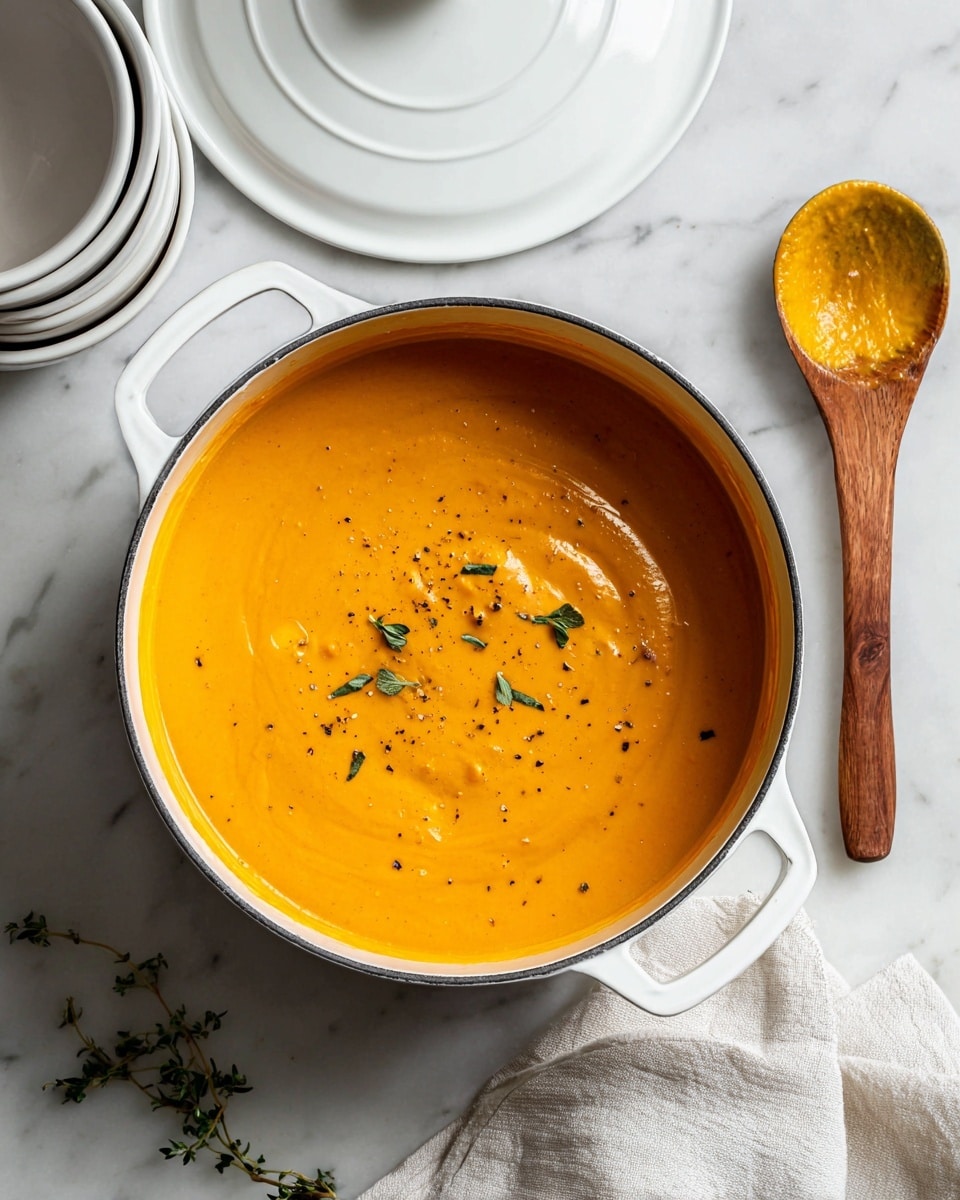 A white bowl filled with smooth, bright orange soup sits on a round textured wooden board. The soup surface is creamy and topped with small green herbs and a sprinkle of black pepper. A triangular slice of white bread with creamy butter spread rests partially dipped on the soup’s edge. Two spoons with light wooden handles lie side by side on the board next to the bowl. The background is a white marbled texture. Photo taken with an iphone --ar 4:5 --v 7