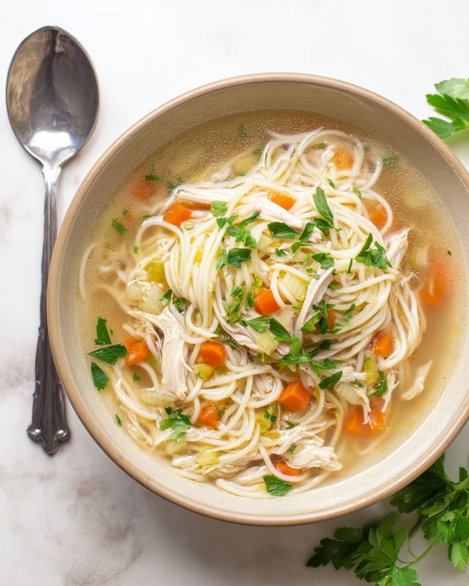 A white bowl filled with clear chicken soup containing thin, light yellow noodles arranged in a loose heap, mixed with shredded white chicken pieces and small chunks of orange carrots and pale green celery. Fresh green parsley leaves are scattered on top, adding color contrast. A silver spoon stands inside the bowl on the top left side. The bowl sits on a white marbled surface next to a folded beige napkin with blue stripes on its left and fresh parsley sprigs on the right. Photo taken with an iphone --ar 4:5 --v 7