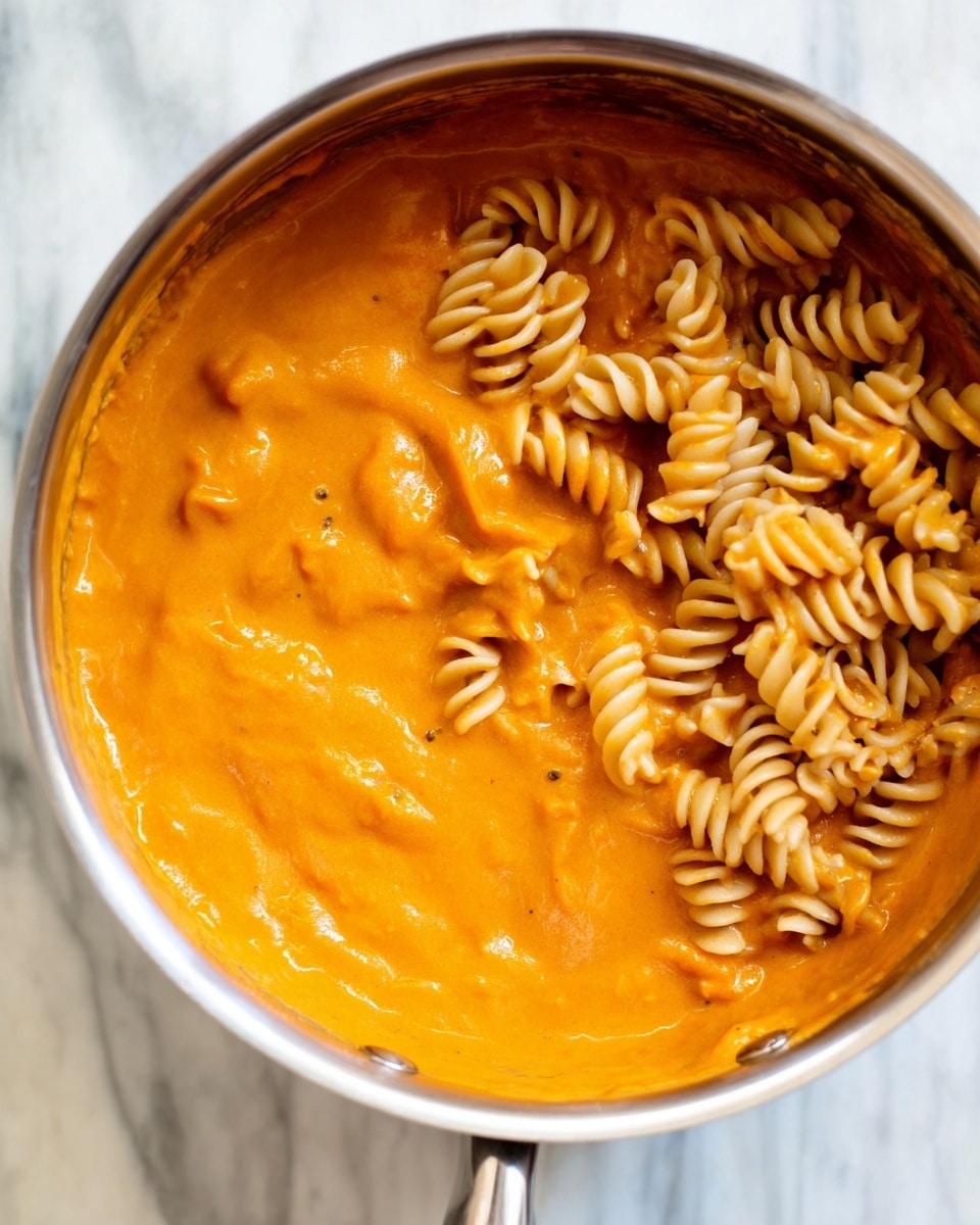 Inside a shiny metal pot, there is a mix of spiral pasta and smooth, thick orange sauce. The spiral pasta is pale beige, partly covered by the sauce, which looks creamy and rich. The pasta twists are soft and partly sunk in the sauce, giving a textured mix. A piece of the orange sauce sits on the right side of the pot, showing its dense, velvety look. The pot rests on a white marbled surface with soft natural light making the colors bright and warm. Photo taken with an iphone --ar 4:5 --v 7
