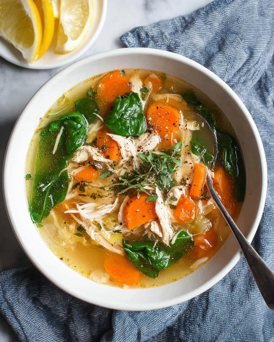A white bowl filled with clear broth soup containing three main layers: bright orange carrot pieces spread evenly, white shredded chicken pieces scattered around, and fresh dark green spinach leaves placed on top, all floating in the light brown broth. A silver spoon is inside the bowl on the right side. The bowl sits on a blue striped cloth on a white marbled table, with small green herb sprigs nearby. Photo taken with an iphone --ar 4:5 --v 7