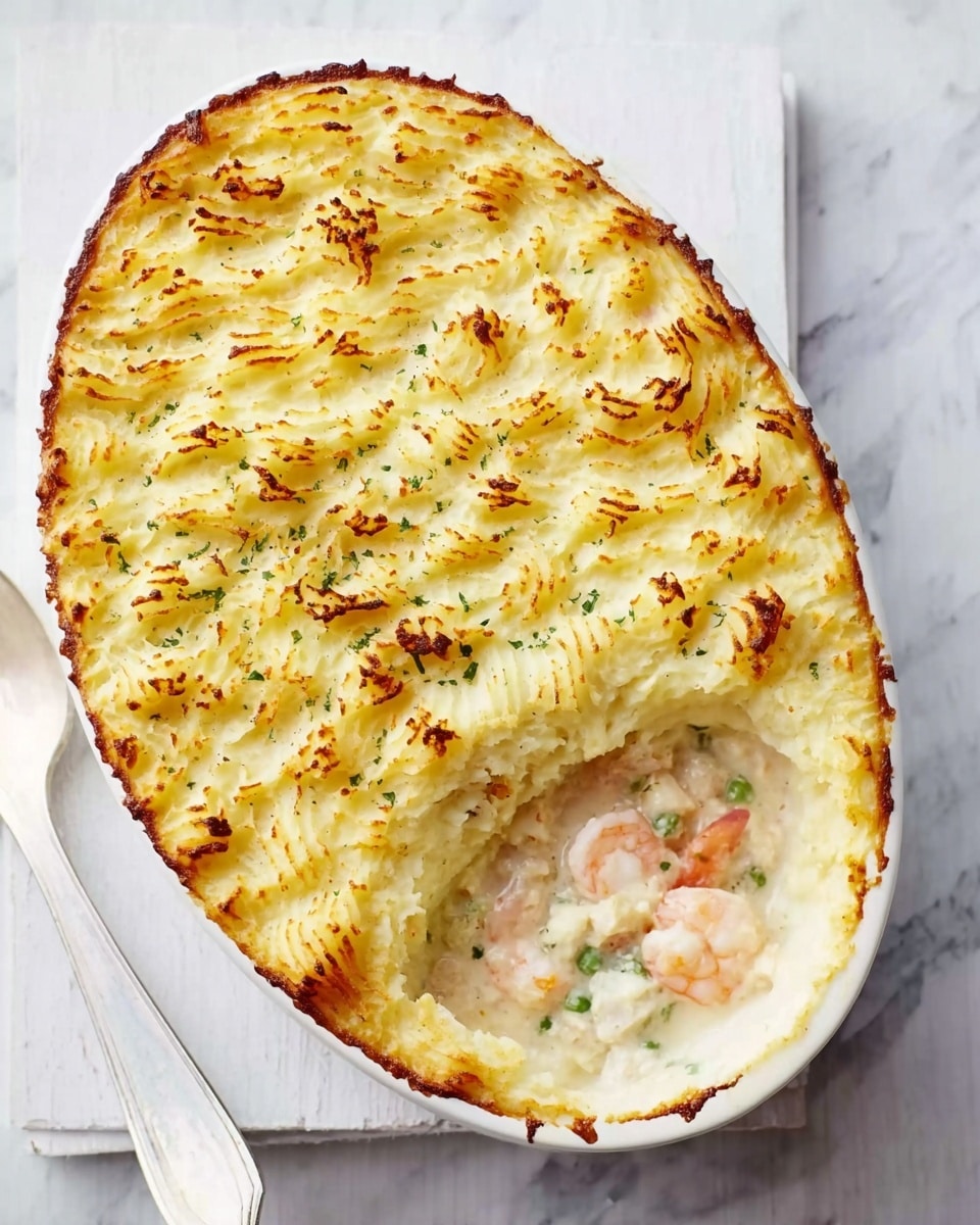 A white baking dish with a creamy, golden brown top layer of melted cheese sprinkled with small green herb pieces, showing a slightly crispy texture; below it is a thick, white sauce layer mixed with visible pieces of pink fish and light green broccoli florets, creating a rich, creamy filling with chunks spread evenly across the bottom half; the dish is placed on a white marbled surface next to a pair of silver forks and a pale pink cloth partially visible; photo taken with an iphone --ar 4:5 --v 7