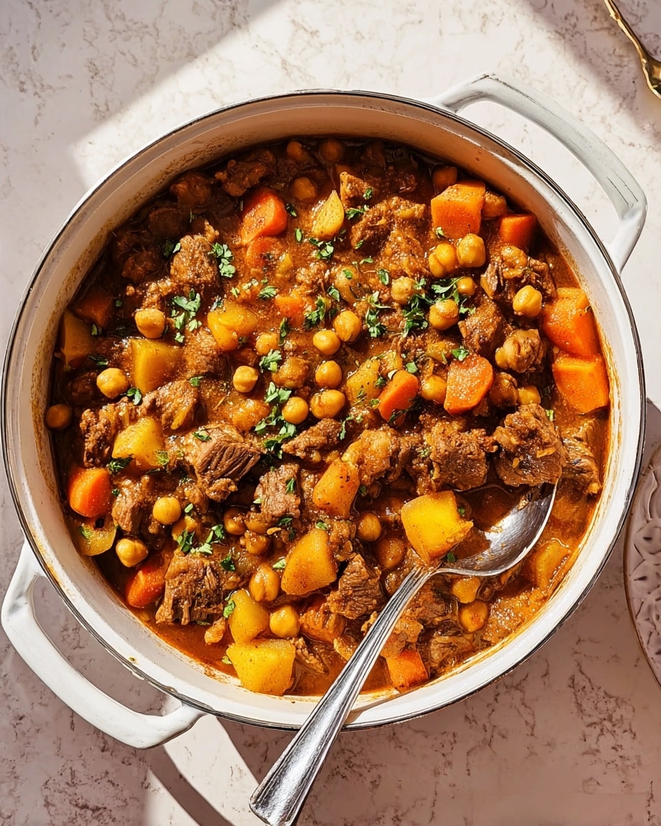 A close-up top view of a white pot filled with a thick stew layered with brown pieces of meat, orange chunks of carrots, and yellow pieces of potatoes mixed with small chickpeas. The stew is garnished with small green herb leaves scattered on top. A metal spoon is inside the pot near the bottom right edge, partially submerged in the stew. The pot has two handles and sits on a white marbled surface with shadows falling across it. Photo taken with an iphone --ar 4:5 --v 7