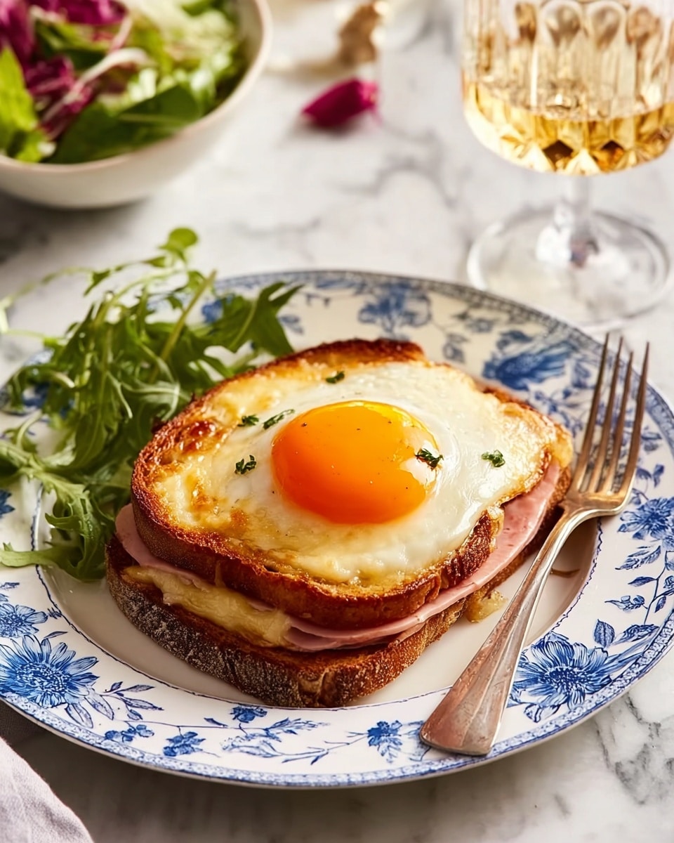A white plate with blue floral patterns holds a sandwich that has three layers: the bottom layer is toasted bread browned on the edges, topped with a layer of pink ham, followed by a golden melted cheese layer with some crispy browned spots, and finally a fried egg with a bright orange yolk and slightly crispy white edges placed on top. Next to the sandwich is a small bunch of fresh green leafy salad, and a silver fork rests on the plate’s left side. The plate sits on a white marbled surface, and in the background, there is a glass of sparkling drink and another plate with food slightly blurred. Photo taken with an iphone --ar 4:5 --v 7