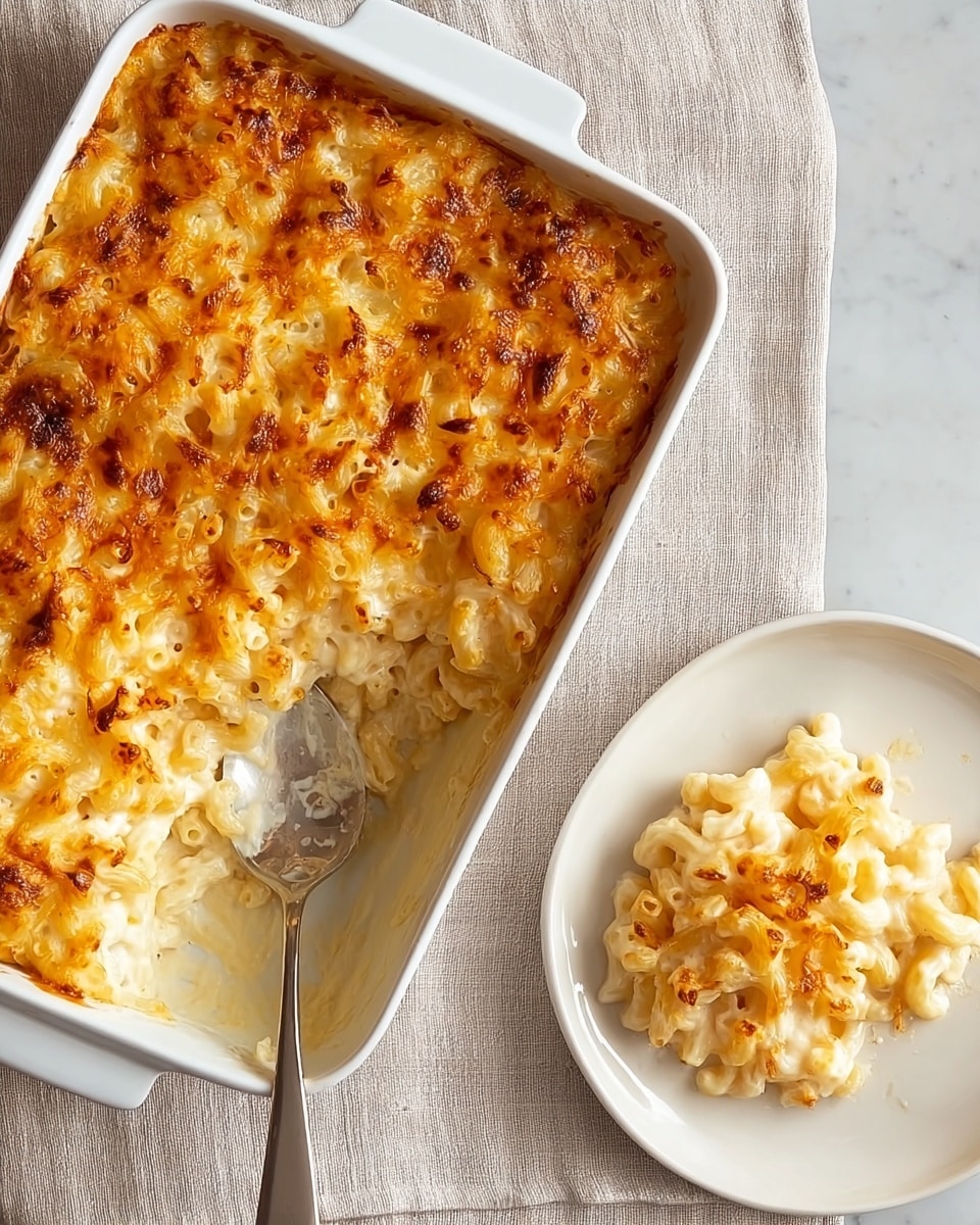 The image shows a white baking dish filled with macaroni and cheese. The macaroni is layered in two parts: the top half is golden brown and crispy with melted cheese that has small darker spots from baking, while the bottom half is creamy, white cheese sauce mixed with macaroni. A spoon with some macaroni and cheese is placed on a white plate next to the dish. The baking dish and plate sit on a light beige cloth over a white marbled surface. The spoon is shiny metal, reflecting light. Photo taken with an iphone --ar 4:5 --v 7