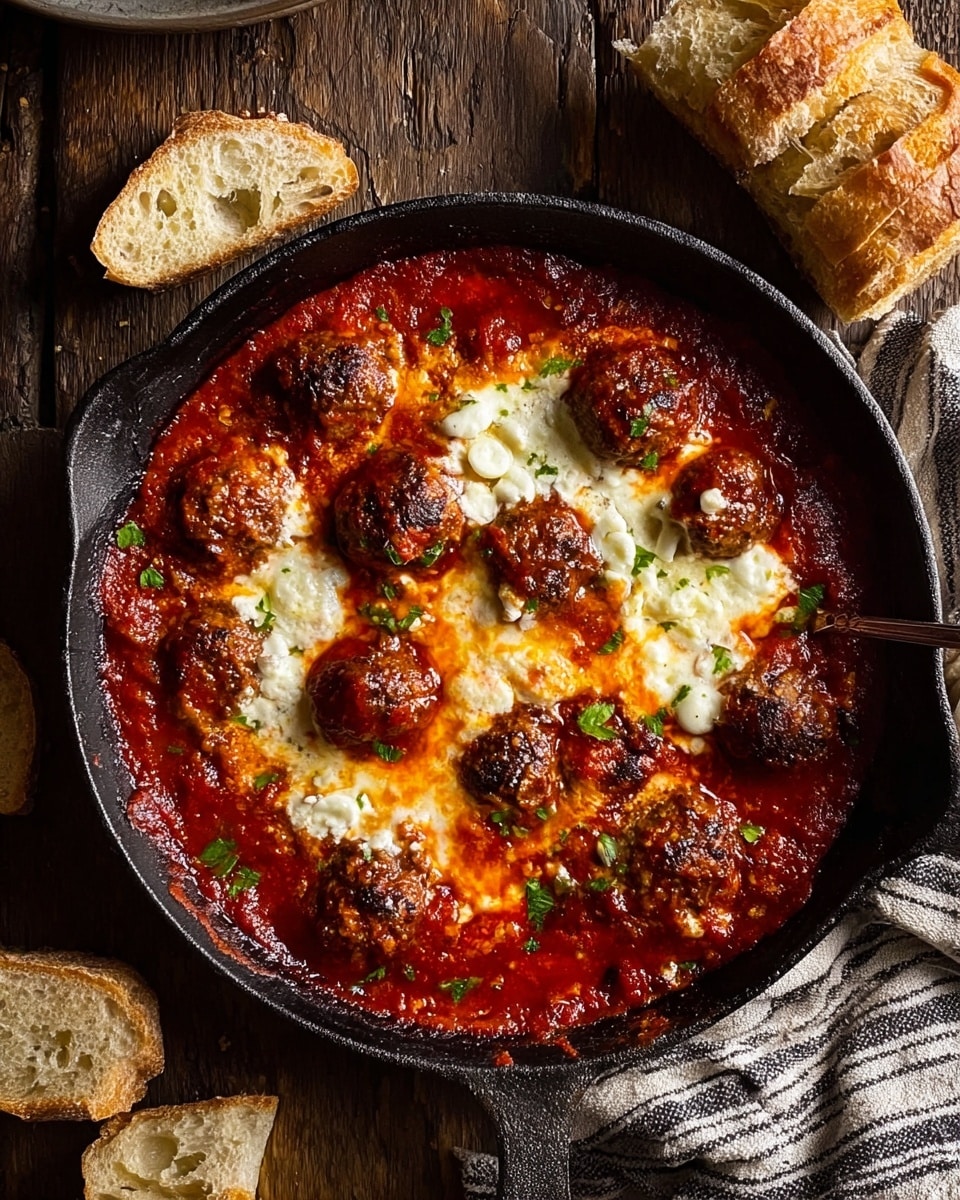 A black cast iron pan filled with a dish made of two main layers: the bottom layer is a thick, rich red tomato sauce spread evenly inside the pan, and the top layer is golden melted cheese, which is bubbly and browned in spots, covering several small round meatballs scattered throughout. Around the pan, there are torn pieces of rustic bread with a soft, airy inside and crusty exterior placed on a striped cloth on the left and some on the right side. The pan is set on a dark wood surface, creating a warm, cozy feeling. Photo taken with an iphone --ar 4:5 --v 7