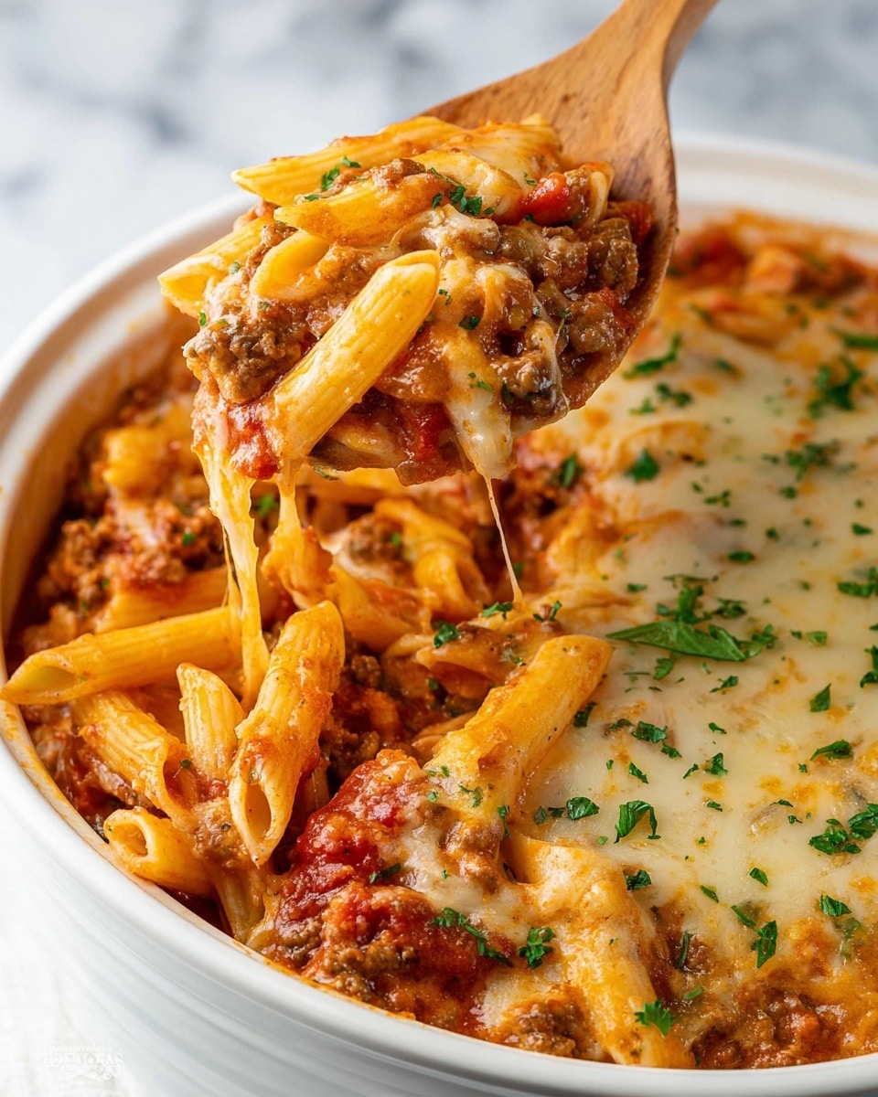 A white bowl filled with three layers of food: at the bottom there is a red tomato sauce with chunks of meat and tomato pieces, on top of that are yellowish penne pasta cooked in the sauce, and the top layer is melted light yellow cheese sprinkled with small green herb bits. A wooden spoon lifts a scoop of the layered pasta, meat, and cheese mix from the bowl, showing the thick texture and rich colors of the dish. The bowl is placed against a white marbled surface. Photo taken with an iphone --ar 4:5 --v 7