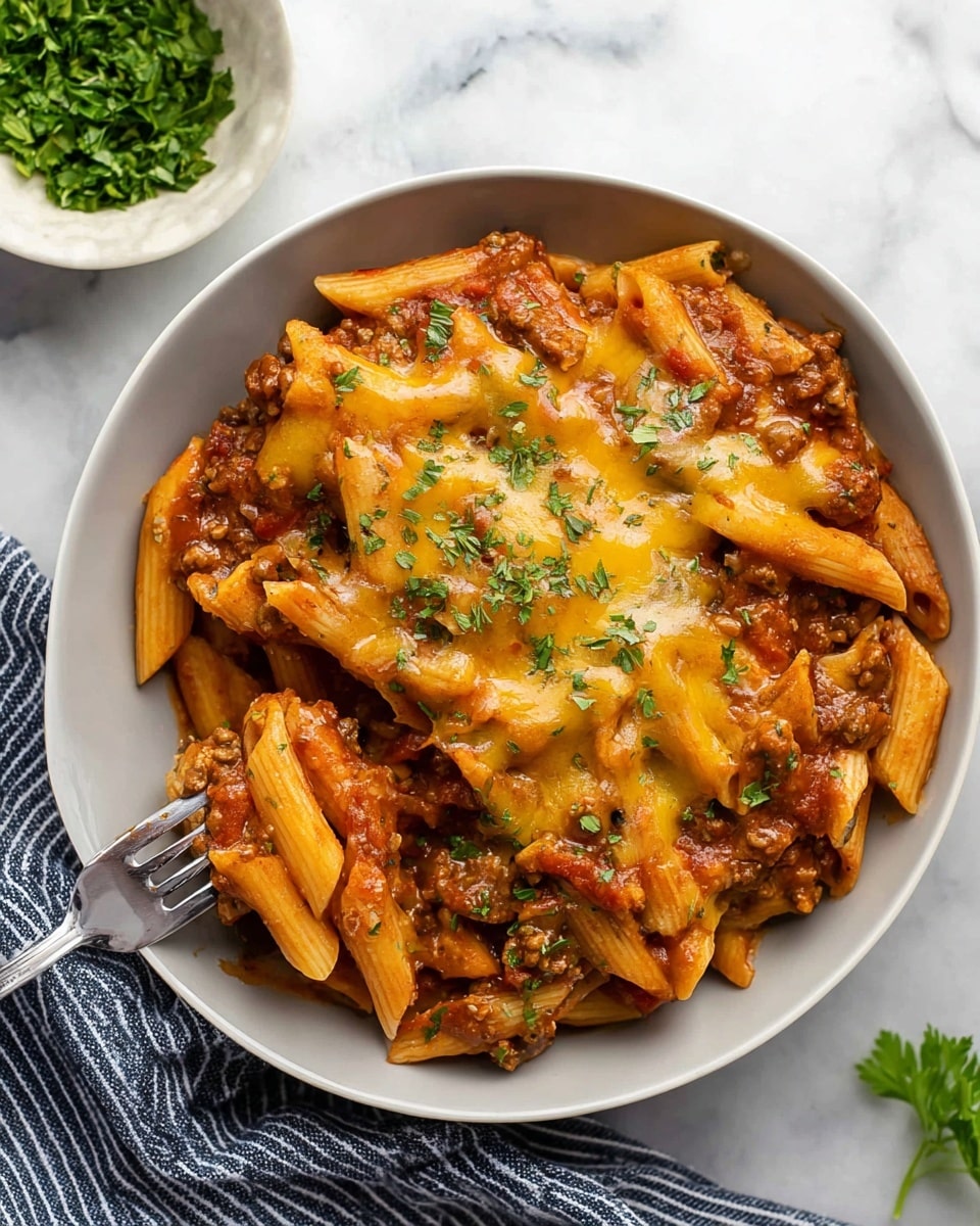 A white plate filled with three layers of penne pasta dish. The bottom layer shows a chunky red tomato sauce mixed with ground meat, visible through the pasta. The second layer consists of pale yellow penne pasta evenly spread across the sauce. The top layer is melted cheese with a creamy texture draped over the pasta, sprinkled with fresh chopped green parsley. A silver fork lifts a portion of the pasta from the right side of the plate. The plate sits on a white marbled surface, with fresh green parsley in a white bowl nearby. photo taken with an iphone --ar 4:5 --v 7