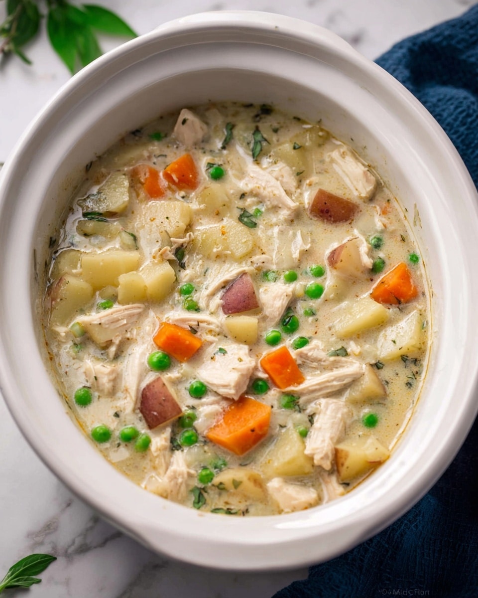 A bowl filled with thick creamy chicken soup showing multiple layers of ingredients: at the bottom, chunks of soft potatoes with skins on, then bright orange carrot slices and vibrant green peas spread evenly throughout, with shredded white chicken pieces mixed in. The soup base is pale with a smooth, slightly thick texture, topped with small sprinkles of chopped fresh parsley and some grated cheese. A shiny silver spoon rests on the edge of the white bowl, partially dipped in the soup. The entire scene sits on a white marbled surface with small bowls of extra chopped herbs and cheese nearby, and a striped blue cloth and a wooden board with bread crumbs visible at the corner. Photo taken with an iphone --ar 4:5 --v 7