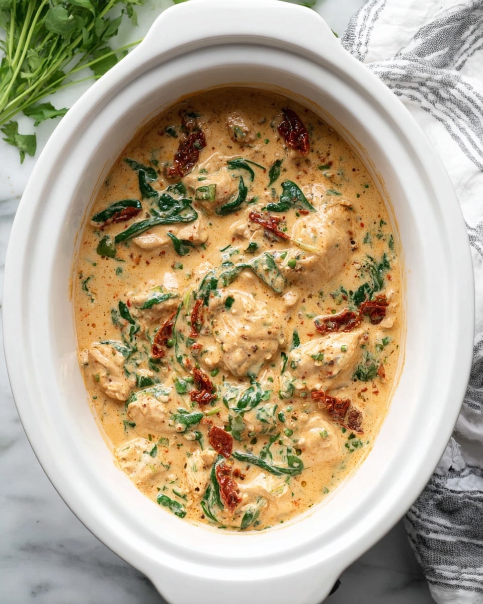 A white slow cooker filled with creamy light orange sauce covering several pieces of light tan cooked chicken, mixed with bright green spinach leaves and small chunks of dark red sun-dried tomatoes scattered throughout the sauce, all sitting on a white marbled surface with some green leaves visible in the upper left corner and a black and white striped cloth in the lower right corner photo taken with an iphone --ar 4:5 --v 7