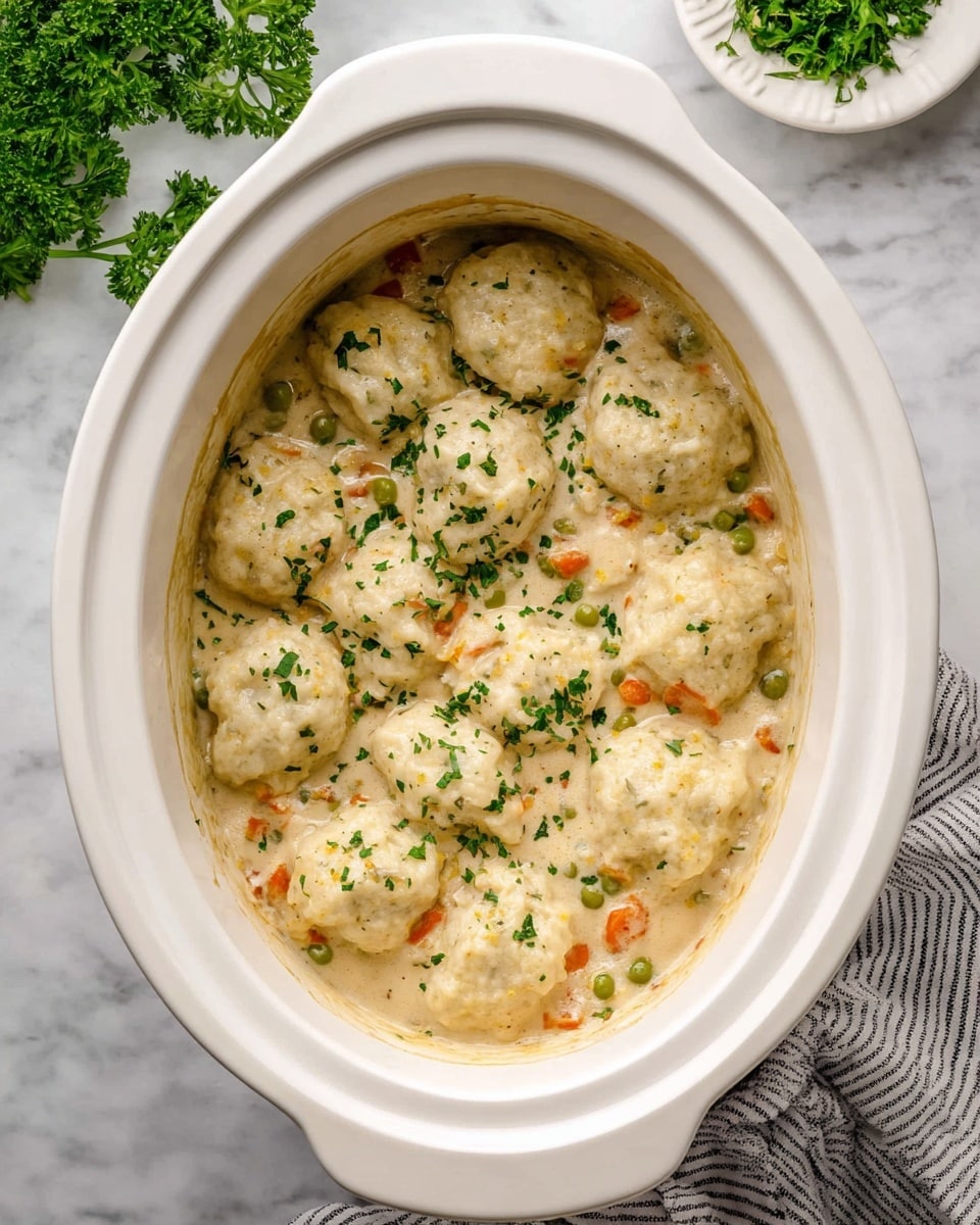 A white slow cooker bowl filled with a creamy stew showing two visible layers: the base is a light beige sauce with small chunks of orange carrot, green peas, and shredded pale meat, topped with soft, round, light golden biscuit dumplings scattered evenly over the stew. Small green herb sprinkles are spread over the dumplings and sauce, adding contrast. The bowl rests on a white marbled surface with a bunch of fresh green herbs to the left and a small white bowl of chopped green herbs on the top right corner. A striped grey cloth is partially visible at the bottom left. Photo taken with an iphone --ar 4:5 --v 7