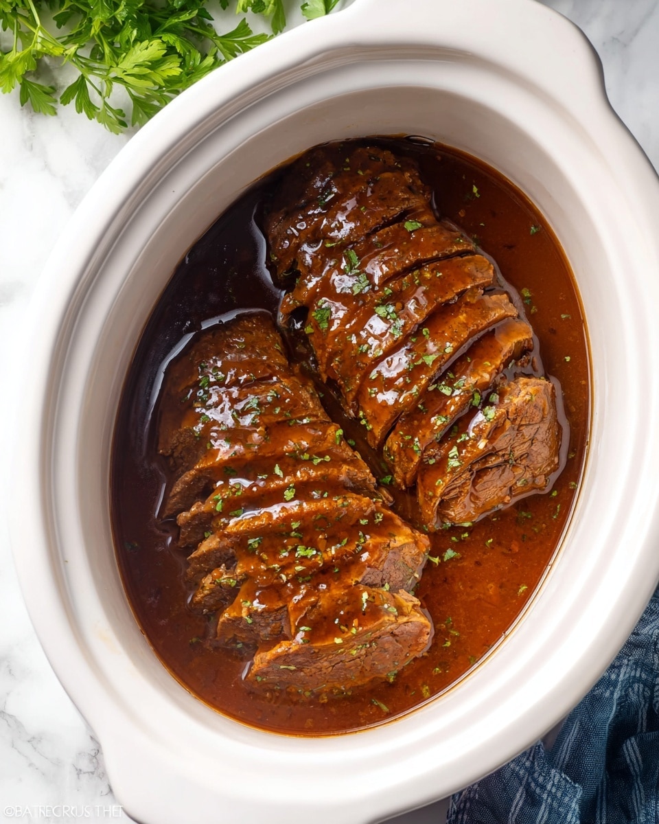 The image shows two rows of sliced meat, each piece coated with shiny brown sauce, arranged neatly inside a white slow cooker. The meat slices have a brown outer edge and a light beige inside, with green herb bits sprinkled on top. The sauce pools around the meat, creating a rich, glossy surface that covers the bottom of the cooker. The cooker sits on a white marbled surface, and there is some green leafy garnish blurred in the background at the top left corner. photo taken with an iphone --ar 4:5 --v 7