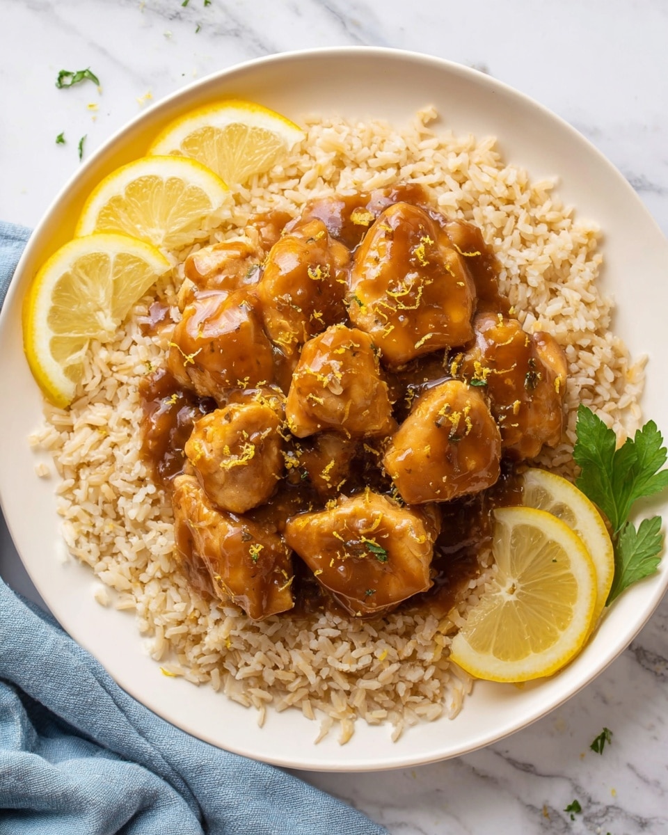A white plate holds a bed of fluffy white rice as the base layer, with tender pieces of golden-brown chicken covered in glossy orange glaze arranged on top. The chicken pieces are irregular in shape and coated evenly in sauce that glistens under the light. On the upper left side of the plate, three thin lemon slices are placed neatly, along with a small sprig of fresh green parsley for garnish. The plate sits on a white marbled surface, and part of a blue cloth napkin is visible in the bottom left corner. Photo taken with an iphone --ar 4:5 --v 7