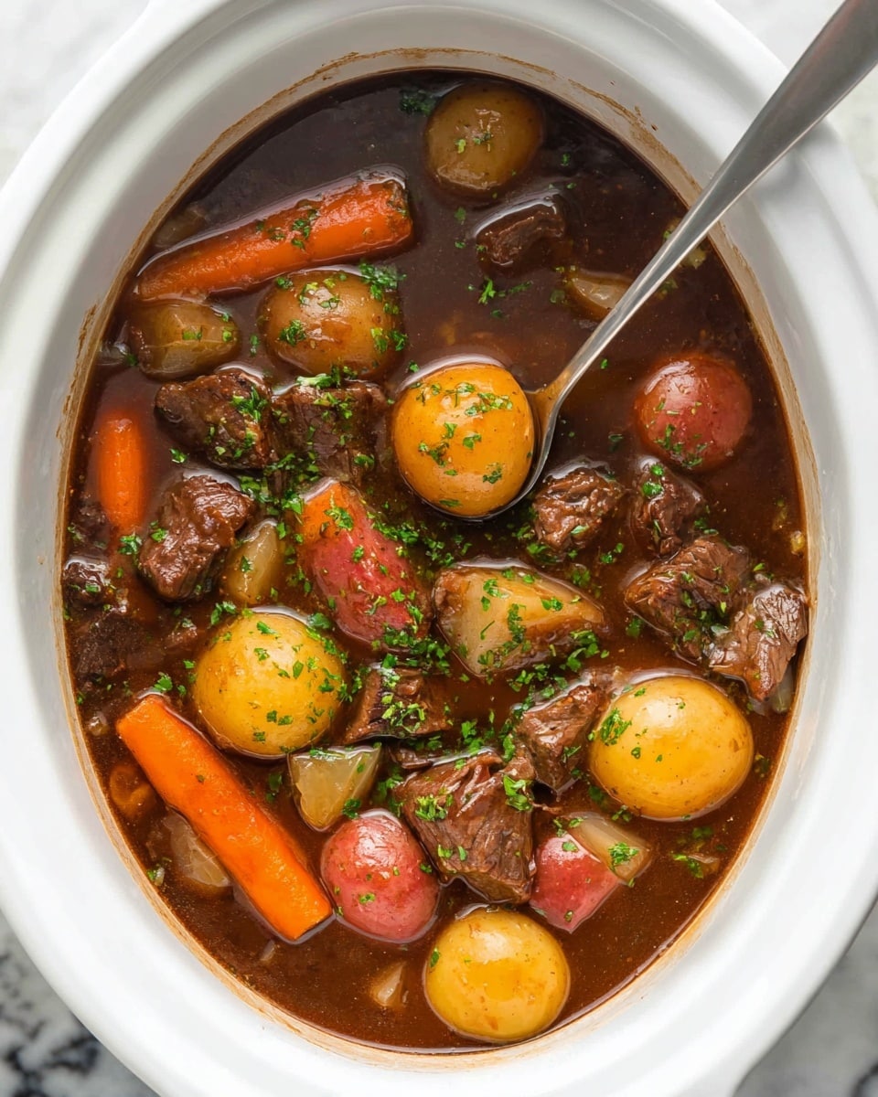 A white oval-shaped bowl filled with a rich brown stew that has chunks of tender beef, halved red and yellow baby potatoes, and thick slices of bright orange carrots, all coated in a glossy, thick brown sauce. The stew is sprinkled with small bits of chopped green herbs for garnish. A silver spoon rests inside the bowl, partially submerged in the stew. The bowl sits on a white marbled surface photo taken with an iphone --ar 4:5 --v 7