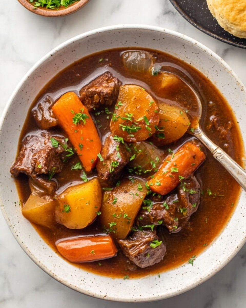 The image shows a white shallow bowl filled with a rich beef stew. The stew has large, chunky pieces of brown beef and thick slices of orange carrots, along with big chunks of golden potatoes and translucent onion pieces. The stew liquid is dark brown and glossy, coating all the ingredients, with some green herb bits sprinkled on top. A silver spoon rests inside the bowl on the right side. The bowl is placed on a white marbled surface with a folded cloth napkin with black stripes on the left and some green leafy garnish in the upper right corner. Part of a biscuit can be seen at the top left edge. The photo taken with an iphone --ar 4:5 --v 7