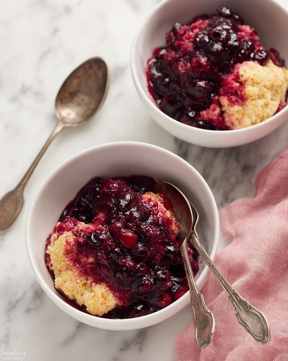 Two white bowls sit on a white marbled surface, each containing a berry cobbler with a thick, rich red and purple mixed berry sauce and soft, uneven textured cobbler crust. On top of each cobbler is a round, creamy scoop of pale yellow vanilla ice cream. Next to the bowls, two old-fashioned silver spoons rest on the surface. A soft pink cloth is partially visible to the side of the bowls. The photo is taken with an iphone --ar 4:5 --v 7