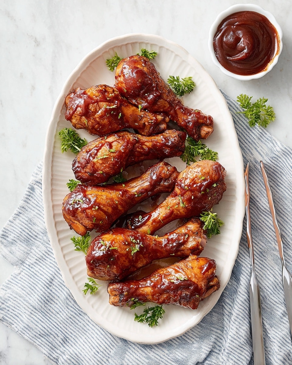 The image shows a white plate with ridged edges holding nine glazed chicken drumsticks arranged in neat rows. The drumsticks are covered in a shiny, brown sauce giving them a glossy look. Around the drumsticks, green parsley leaves add a fresh touch. The plate sits on a white marbled surface with a striped blue and white cloth near the bottom left and silver tongs to the right. There is a small white bowl filled with dark brown sauce placed at the upper right corner. A clear glass of water is also partially visible at the top right corner. photo taken with an iphone --ar 4:5 --v 7
