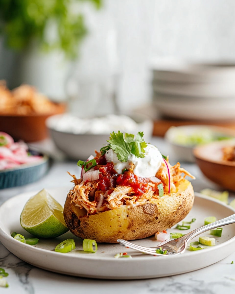 A gray plate holds a taco with three layers: the base is a soft light beige tortilla, topped with a layer of shredded light orange chicken. Over the chicken is a bright red salsa with a slightly chunky texture, and on top of that is a dollop of smooth white sour cream. Thinly sliced pink pickled onions and chopped bright green scallions are scattered over the taco along with a sprig of fresh green cilantro. Beside the taco is a wedge of light green lime. A silver fork rests on the plate to the left of the taco. The plate sits on a white marbled surface with small green scallions around it. photo taken with an iphone --ar 4:5 --v 7