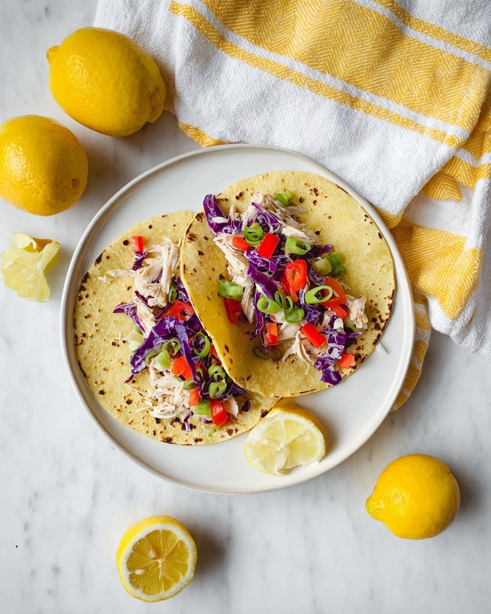 Two corn tortillas with light brown spots are placed side by side on a white plate. Each tortilla has a layer of shredded light-colored chicken topped with thin strips of bright purple cabbage, small cubes of red bell pepper, and thin slices of green spring onions arranged in the center. Around the plate, there are lemon wedges and whole lemons, with a white and yellow striped towel nearby, all set on a white marbled surface. photo taken with an iphone --ar 4:5 --v 7