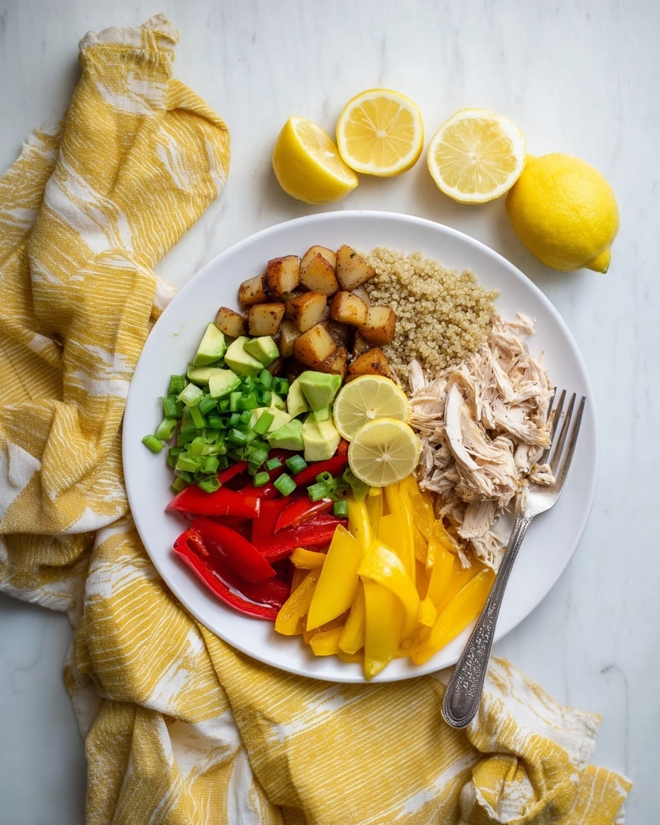 A white plate on a white marbled surface holds a meal with six distinct layers arranged side by side: shredded light beige chicken at the top right, golden-brown roasted cubed potatoes next to it, bright red sliced bell peppers at the bottom right, yellow sliced bell peppers beside the red ones, light tan cooked quinoa at the bottom left, and fresh green sliced scallions and avocado slices above the quinoa. Three small yellow lemon wedges sit in the middle of the plate, and a fork rests on the right edge of the plate. A yellow and white striped cloth is partially under the plate, and three lemon halves and one whole lemon surround it. Photo taken with an iphone --ar 4:5 --v 7