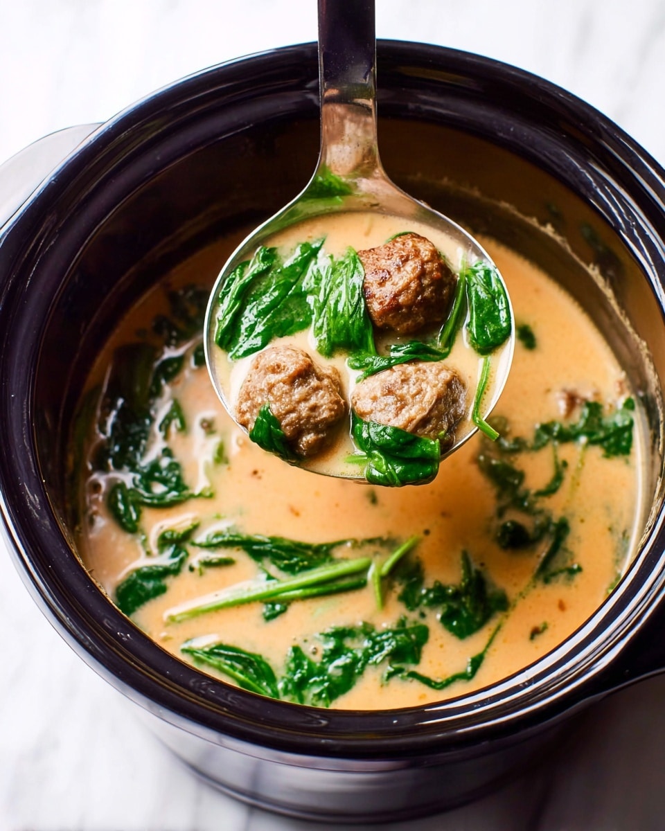 A black pot holds a creamy light orange soup with bright green spinach leaves floating on top. Three small, round brown meatballs are lifted by a shiny silver ladle above the soup, each garnished with fresh spinach leaves. The ladle drips creamy soup back into the pot. The scene is set on a white marbled surface. photo taken with an iphone --ar 4:5 --v 7