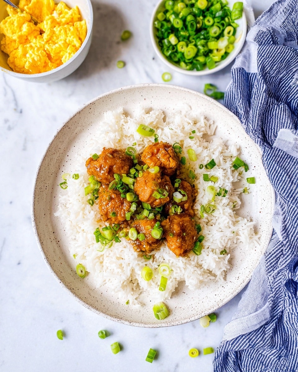 A white bowl filled with a layer of white rice at the bottom, topped with several brown meatballs that have a slightly rough texture. The meatballs are garnished with small pieces of bright green chopped green onions scattered over them and on the rice. The bowl sits on a white marbled surface with hints of a green salad in the blurred background. Photo taken with an iphone --ar 4:5 --v 7