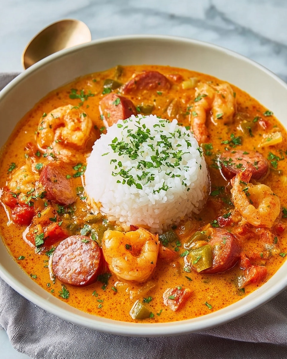 The dish is presented in a shallow white bowl filled with a rich orange-colored stew that has a smooth but slightly chunky texture. Within the stew, there are visible slices of reddish-brown sausage, plump orange shrimp, and small green vegetable pieces scattered throughout. In the center of the bowl, there is a neat mound of white rice topped with small green herb leaves, which are also sprinkled generously over the stew. The bowl is placed on a white marbled surface with a soft gray cloth nearby. Photo taken with an iphone --ar 4:5 --v 7