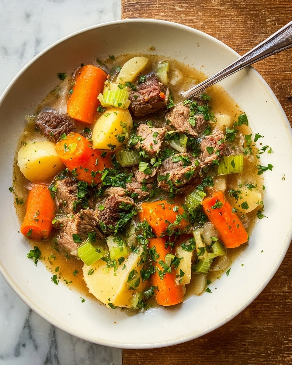 A white shallow bowl filled with a layered stew showing pieces of brown cooked meat and large chunks of bright orange carrot on top along with pieces of light green celery and pale yellow potatoes, all mixed in a light brown broth with finely chopped green herbs sprinkled over the dish; a metal spoon rests on the rim of the bowl, and the bowl is placed on a white marbled surface photo taken with an iphone --ar 4:5 --v 7
