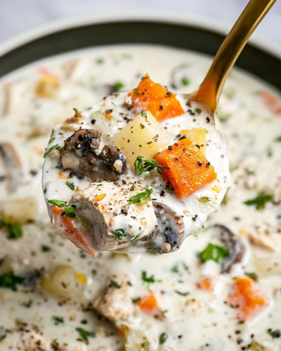 A close-up of a thick creamy soup filled with chunks of white chicken, small orange carrot pieces, and small light yellow potato cubes, mixed with dark thin mushroom slices. The soup has a white base with specks of black pepper and is garnished with chopped bright green herbs scattered on top. A gold ladle lifts a spoonful of the soup from a large white bowl, all placed on a white marbled textured surface. photo taken with an iphone --ar 4:5 --v 7
