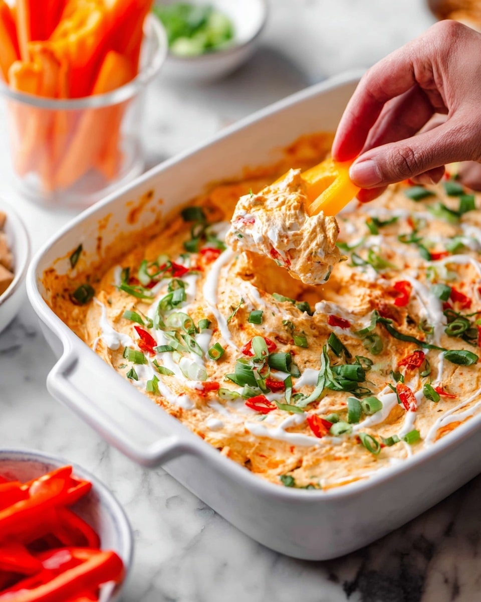 The image shows a white rectangular baking dish filled with a creamy, thick dip that has a rich orange color mixed with white swirls of sauce on top. It contains small chunks of red bits, likely red peppers, and is sprinkled with chopped green onions spread across the top. There is a metal spoon sticking into the dip on the right side of the dish, with the dip slightly moved, showing its creamy texture. On the white marbled surface around the dish, there is a glass jar filled with bright orange carrot sticks, a small white bowl with green vegetables, and a white bowl with red pepper slices. A bottle of orange buffalo sauce with a green and white label sits next to the dish. The photo taken with an iphone --ar 4:5 --v 7