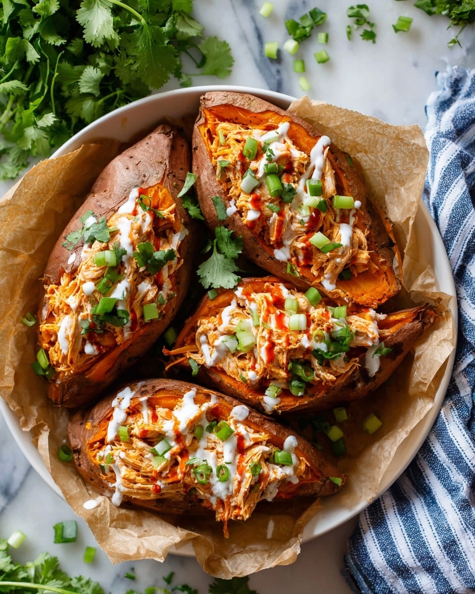 The image shows three baked sweet potatoes placed in a round white bowl lined with brown parchment paper, sitting on a white marbled surface. Each sweet potato is split open, revealing bright orange soft inside layers. They are filled with shredded seasoned chicken mixed with a light red sauce. White creamy sauce is drizzled over the top of each potato and chicken filling. Green fresh sliced onions and coriander leaves are scattered on the potatoes and around them, adding a touch of green color. The bowl is surrounded by some green herbs and a folded blue and white striped cloth. Photo taken with an iphone --ar 4:5 --v 7