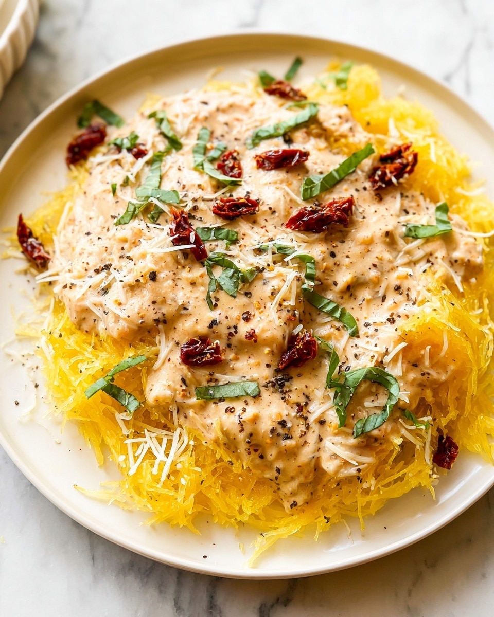 The image shows a white plate with a base layer of light yellow, stringy spaghetti squash arranged in a loose mound. On top lies a piece of chicken covered in a thick, creamy light orange sauce with visible specks of black pepper. The chicken is garnished with small pieces of dried red sun-dried tomatoes and scattered fresh green basil leaves, along with some shredded white cheese sprinkled on top. The plate is set on a white marbled surface, and a blurred plate of the same dish is seen in the background. photo taken with an iphone --ar 4:5 --v 7
