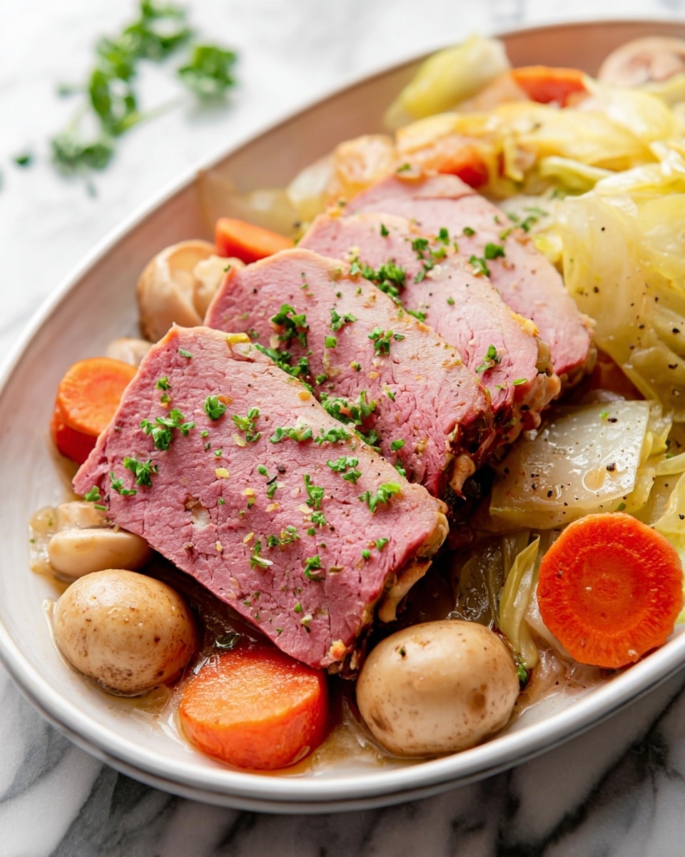 The image shows a white plate with two thick slices of pinkish-red cooked meat placed in the center, sprinkled with small green herb pieces. Surrounding the meat are soft, pale yellow cooked onions arranged in rings, along with bright orange carrot chunks and several small round brown mushrooms. The whole dish is lightly seasoned with visible black pepper specks and some green herbs scattered on top. The background has a white marbled texture, and a woman's hand is gently holding a light wooden chopstick nearby. Photo taken with an iphone --ar 4:5 --v 7